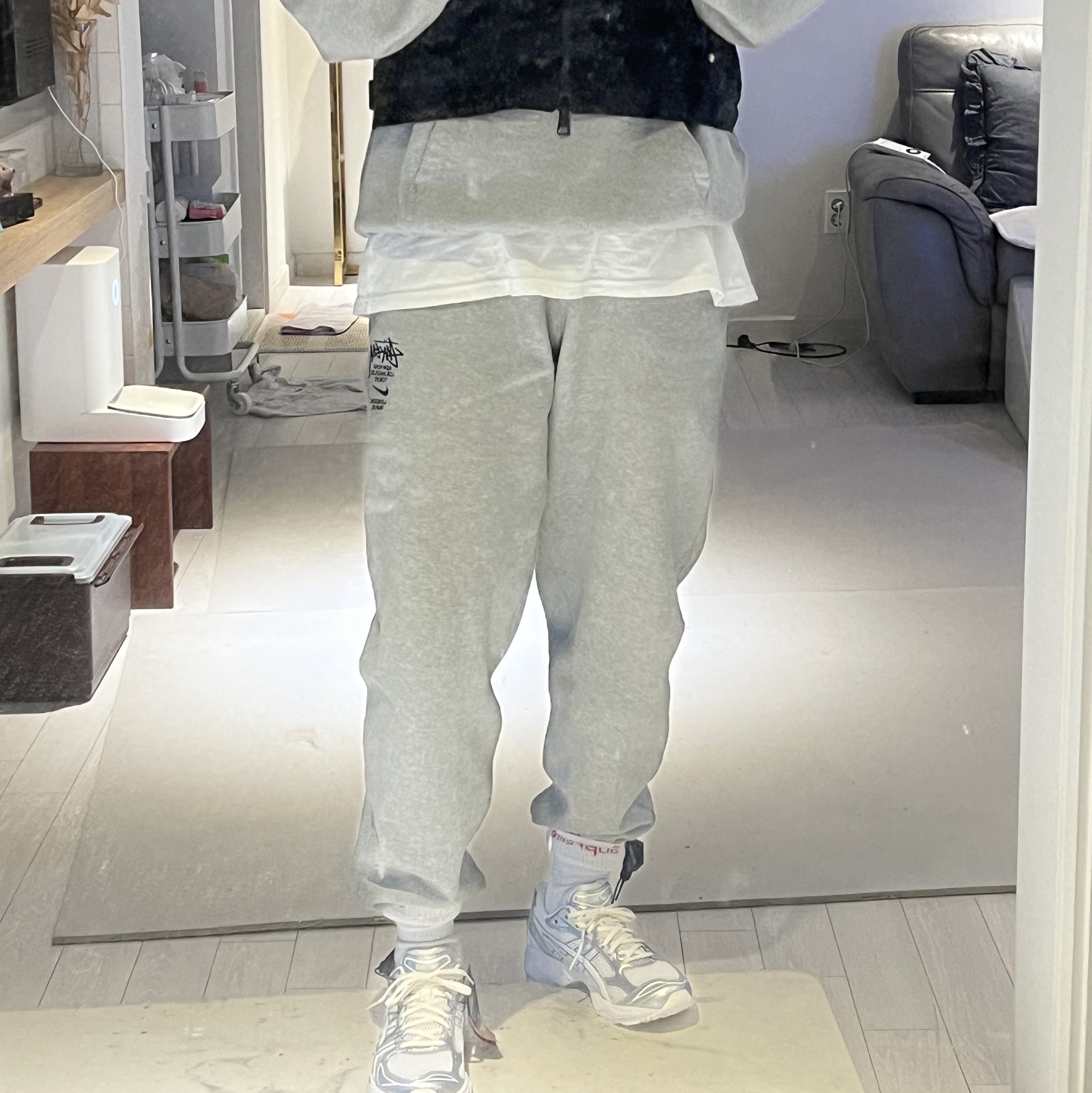 Nike x Stussy NRG RA Pullover Hoodie Dark Grey Heather (DJ9488-063), Nike x Stussy NRG ZR Fleece Pants Heather Grey - US/EU 착용 스타일 - 5