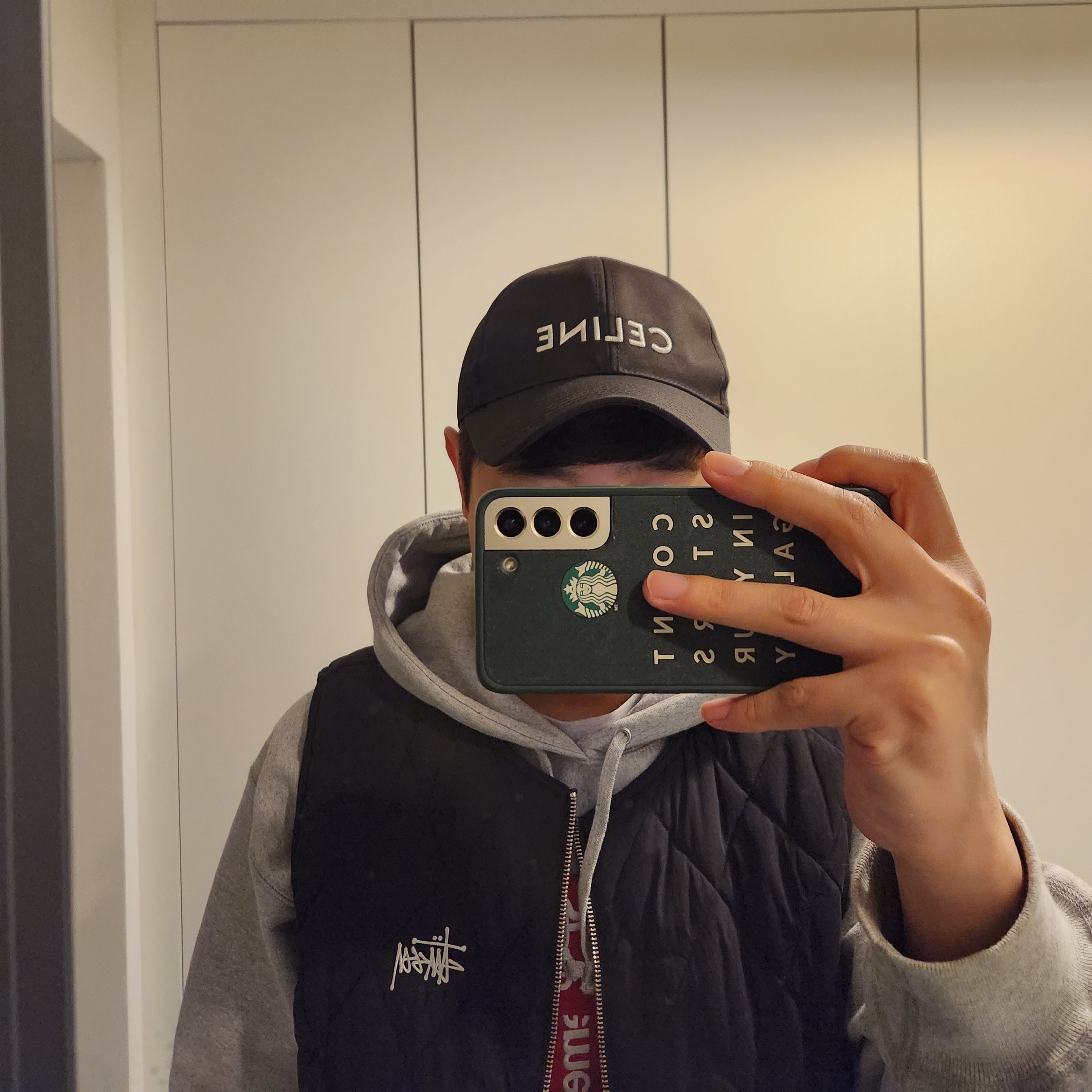 Celine Baseball Cap in Cotton Black, Stussy Diamond Quilted Vest Black 착용 스타일 - 2
