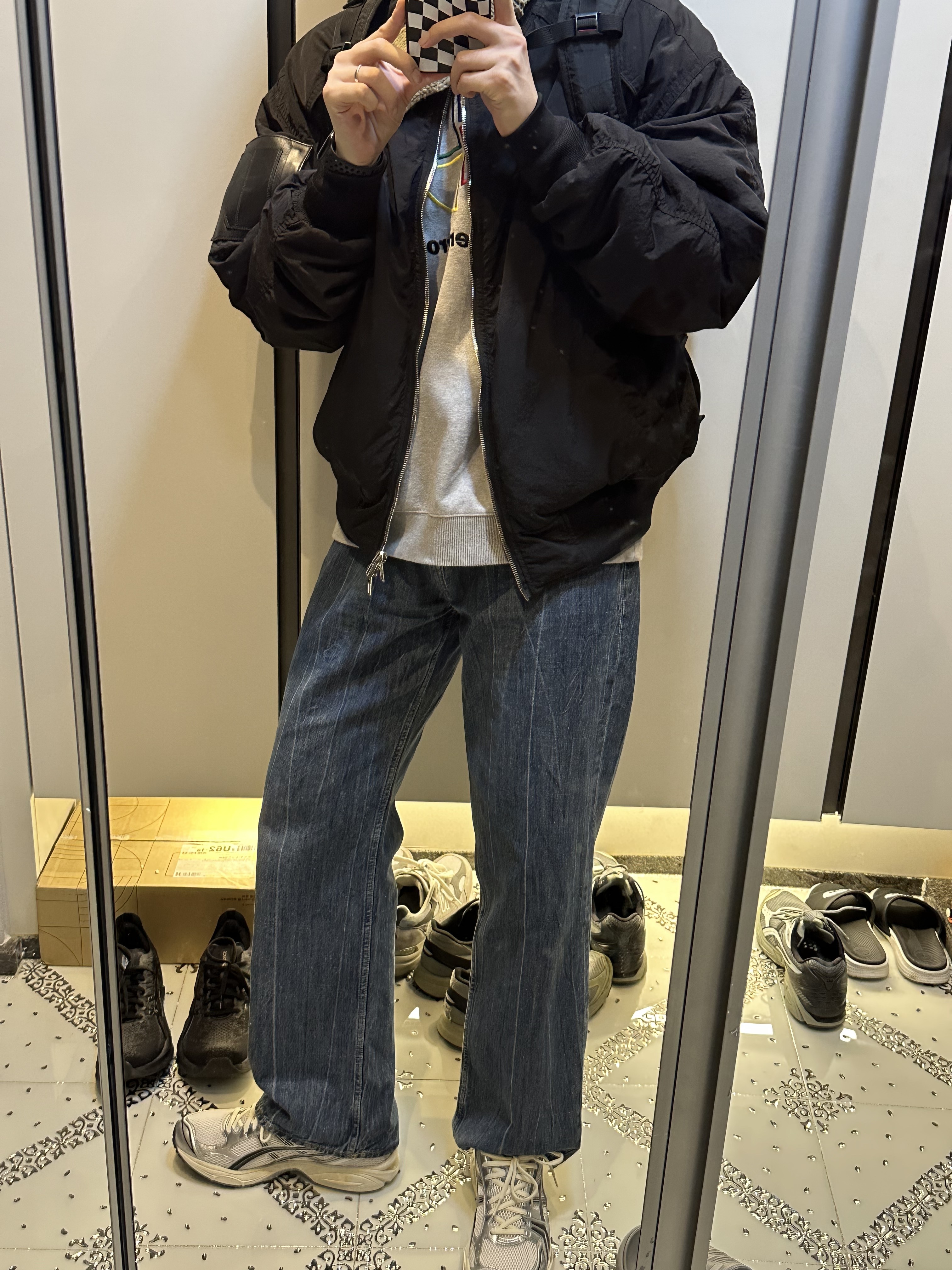 Asics x JJJJound Gel-Kayano 14 Silver Black, Our Legacy Third Cut Worn Blue Nep 착용 스타일