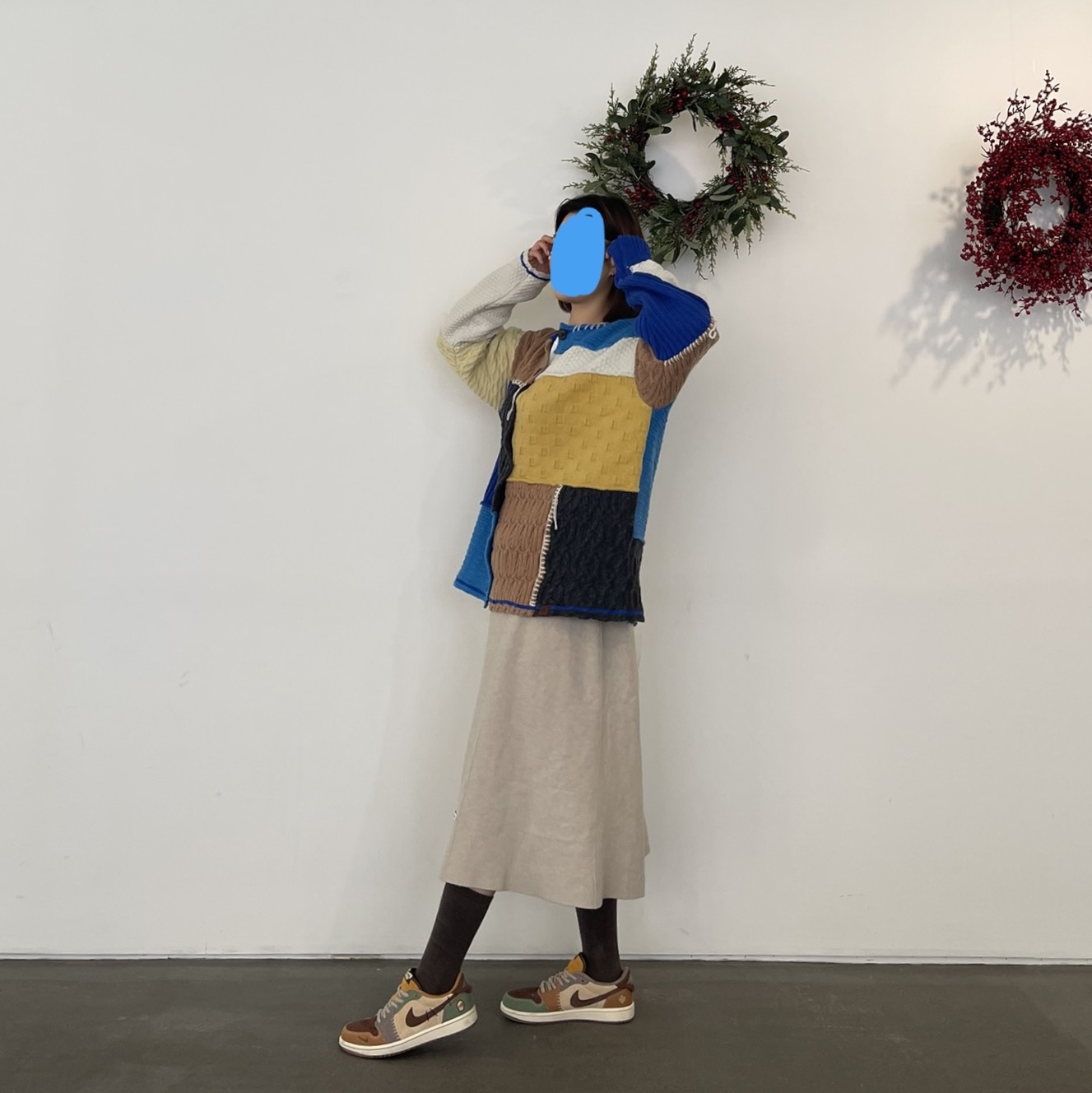 Zara x Ader Error Patchwork Oversize Knit Cardigan Multicolor, Jordan 1 x Zion Williamson Retro Low OG Flax and Oil Green 착용 스타일 - 2