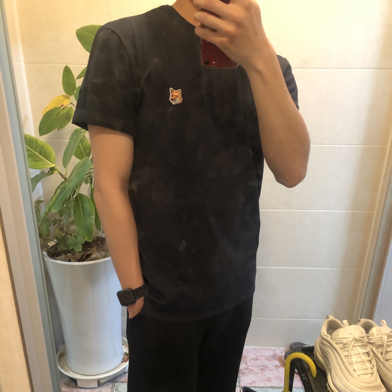 Maison Kitsune Fox Head Patch Classic T-Shirt Navy Melange 착용 스타일