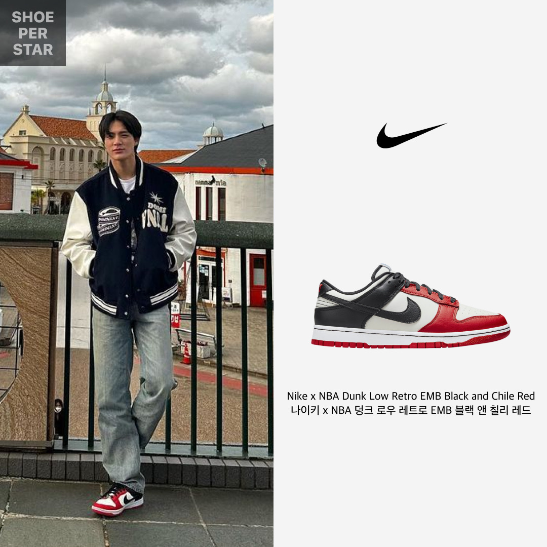 Nike x NBA Dunk Low Retro EMB Black and Chile Red 착용 스타일 - 1