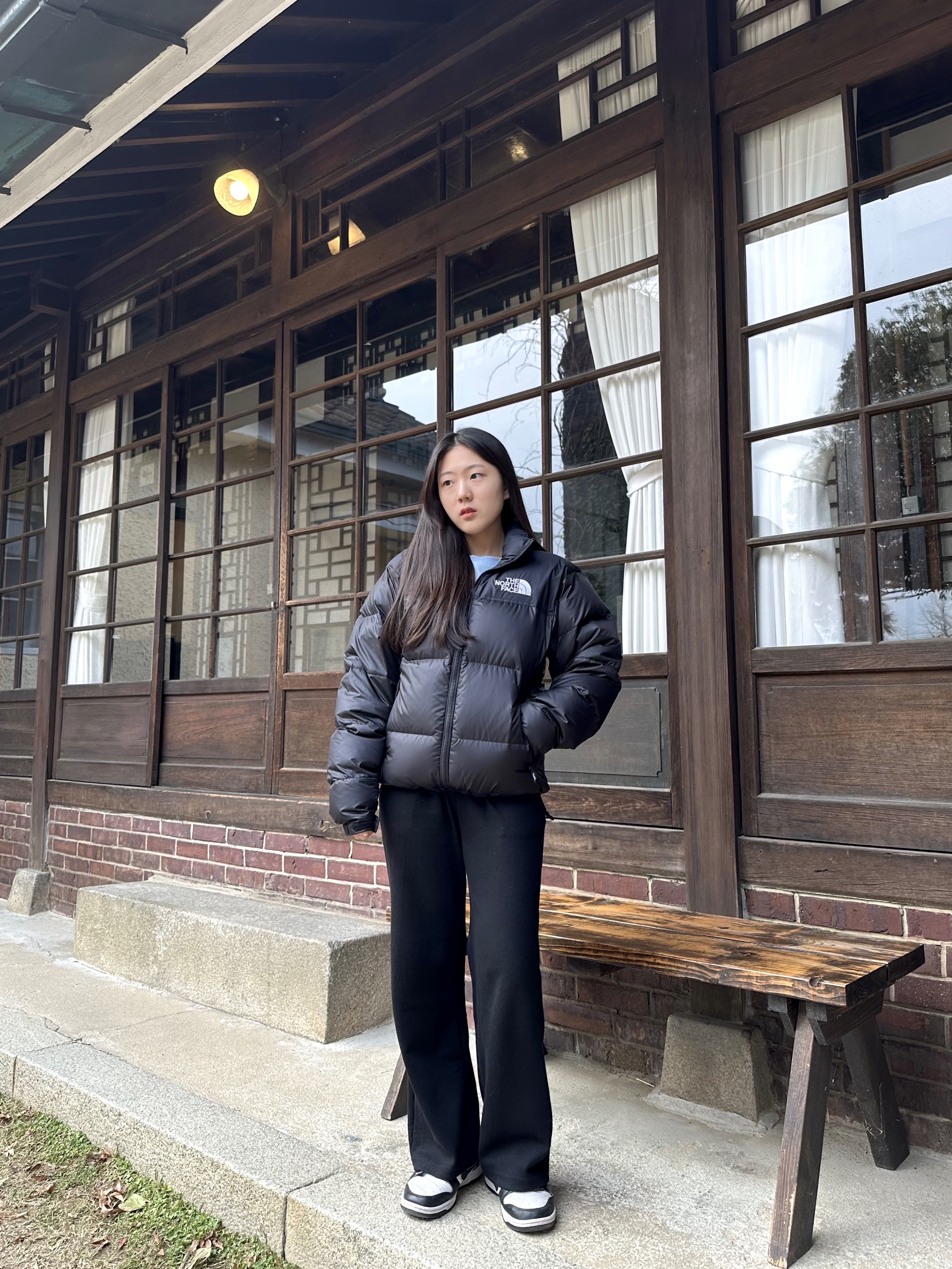 The North Face 1996 Eco Nuptse Jacket Black, Nike Dunk Low Retro Black 착용 스타일 - 1