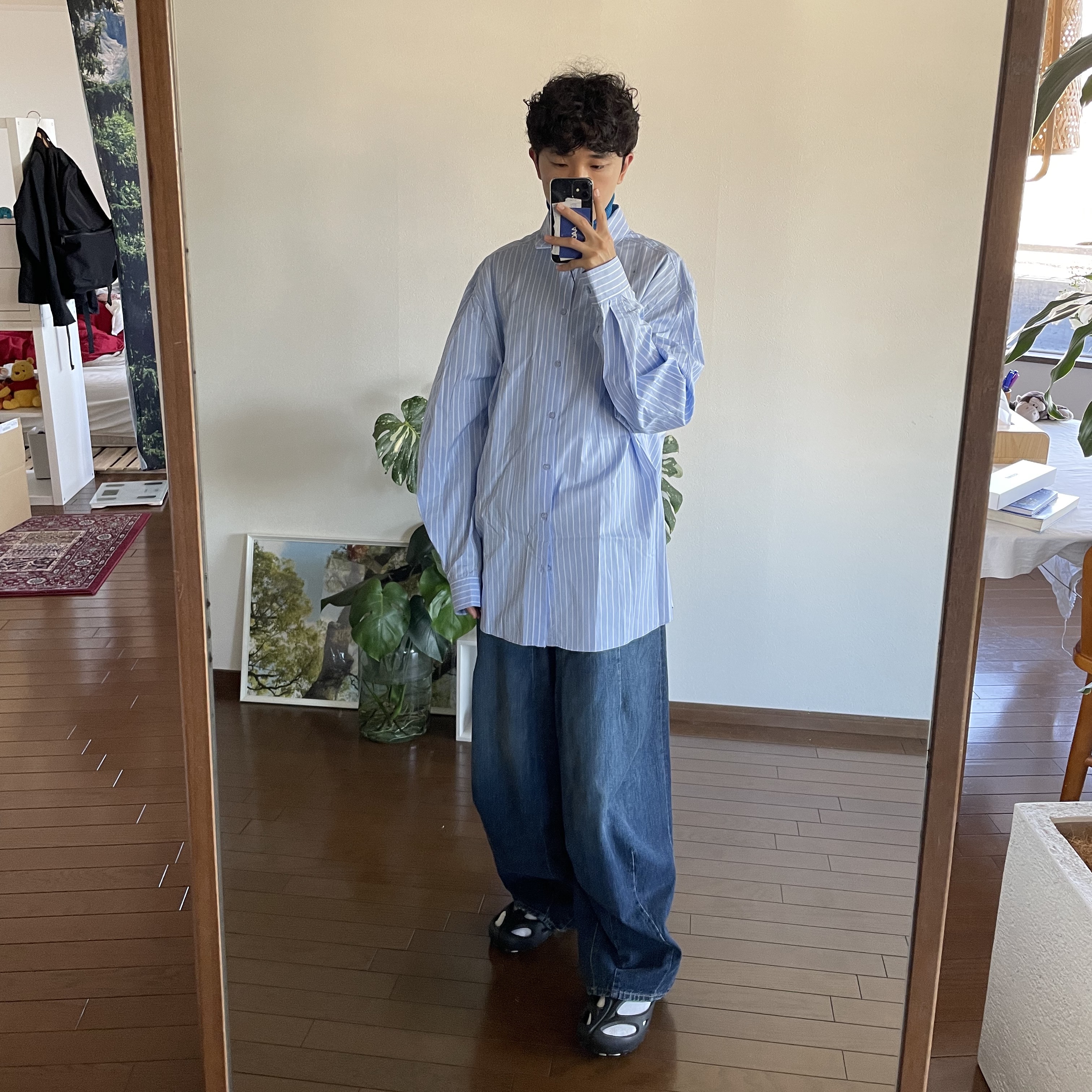 Zara x Ader Error Striped Poplin Shirt Stripe, Needles H.D. Jean Pants Indigo 착용 스타일 - 1