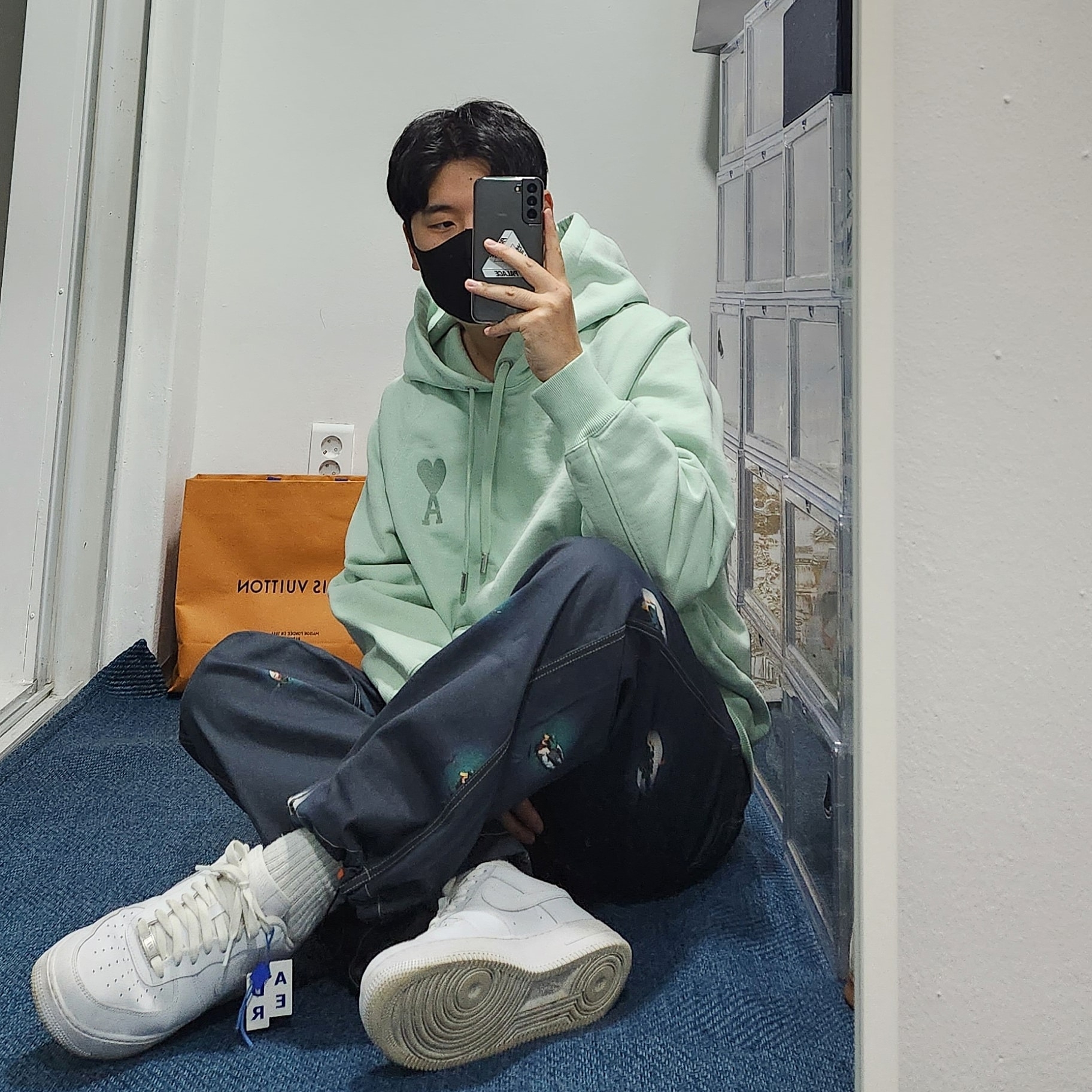 AMI de Coeur Tone-On-Tone Hoodie Aqua - 22SS, Nike Air Force 1 '07 Low White 착용 스타일