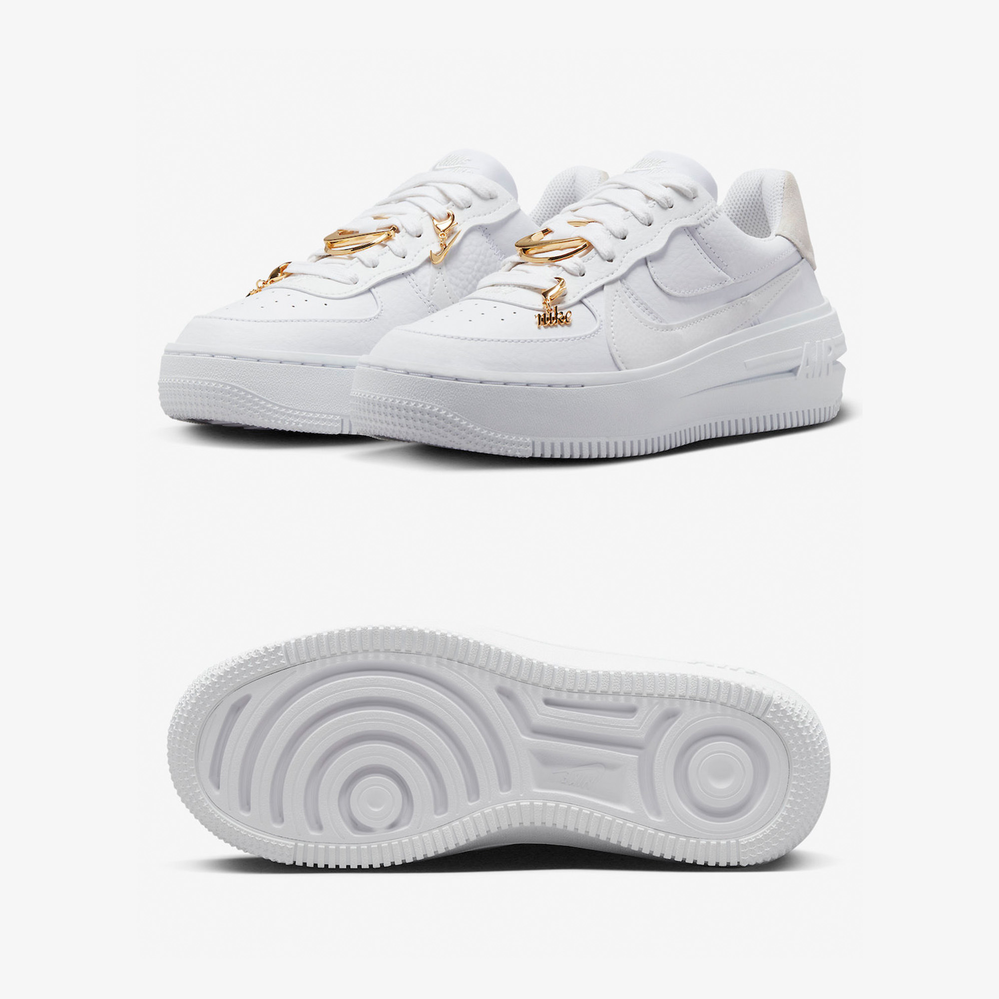 (W) Nike Air Force 1 PLT.AF.ORM Triple White, (W) Nike Air Force 1 PLT.AF.ORM Fossil and White 착용 스타일 - 2