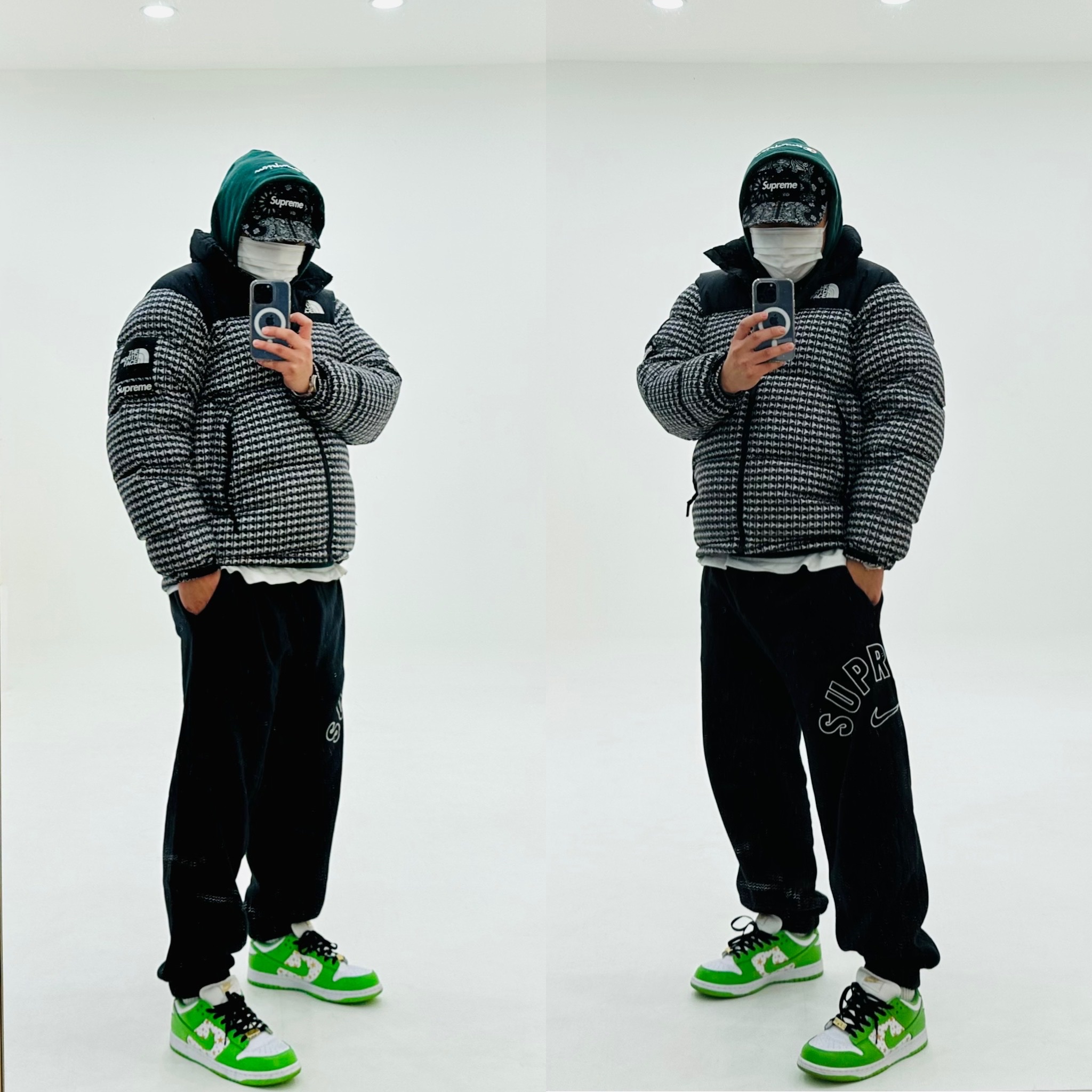 Supreme x The North Face Studded Nuptse Jacket Black - 21SS, Supreme Bandana Camp Cap Black - 21SS 착용 스타일