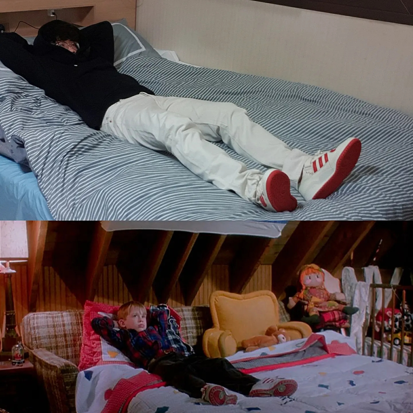 Adidas Forum Low Home Alone, Jordan 1 Retro High OG University Gold Light Bordeaux 착용 스타일 - 2