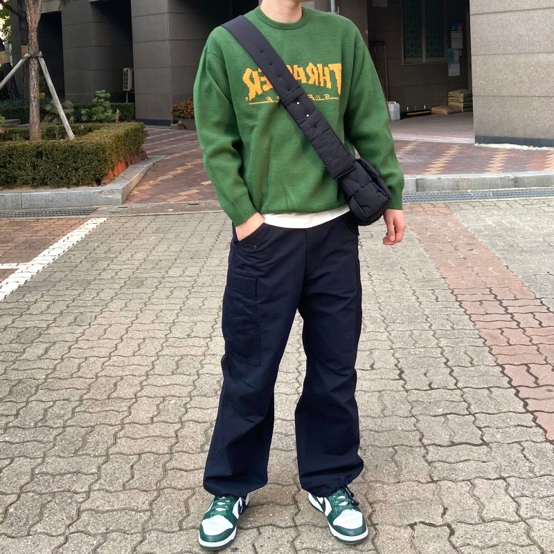 Supreme x Thrasher Sweater Green - 21FW, Nike Dunk Low Retro Varsity Green 착용 스타일 - 2
