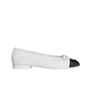 (W) Chanel Ballerina Flat Cotton Tweed Grosgrain & White Black