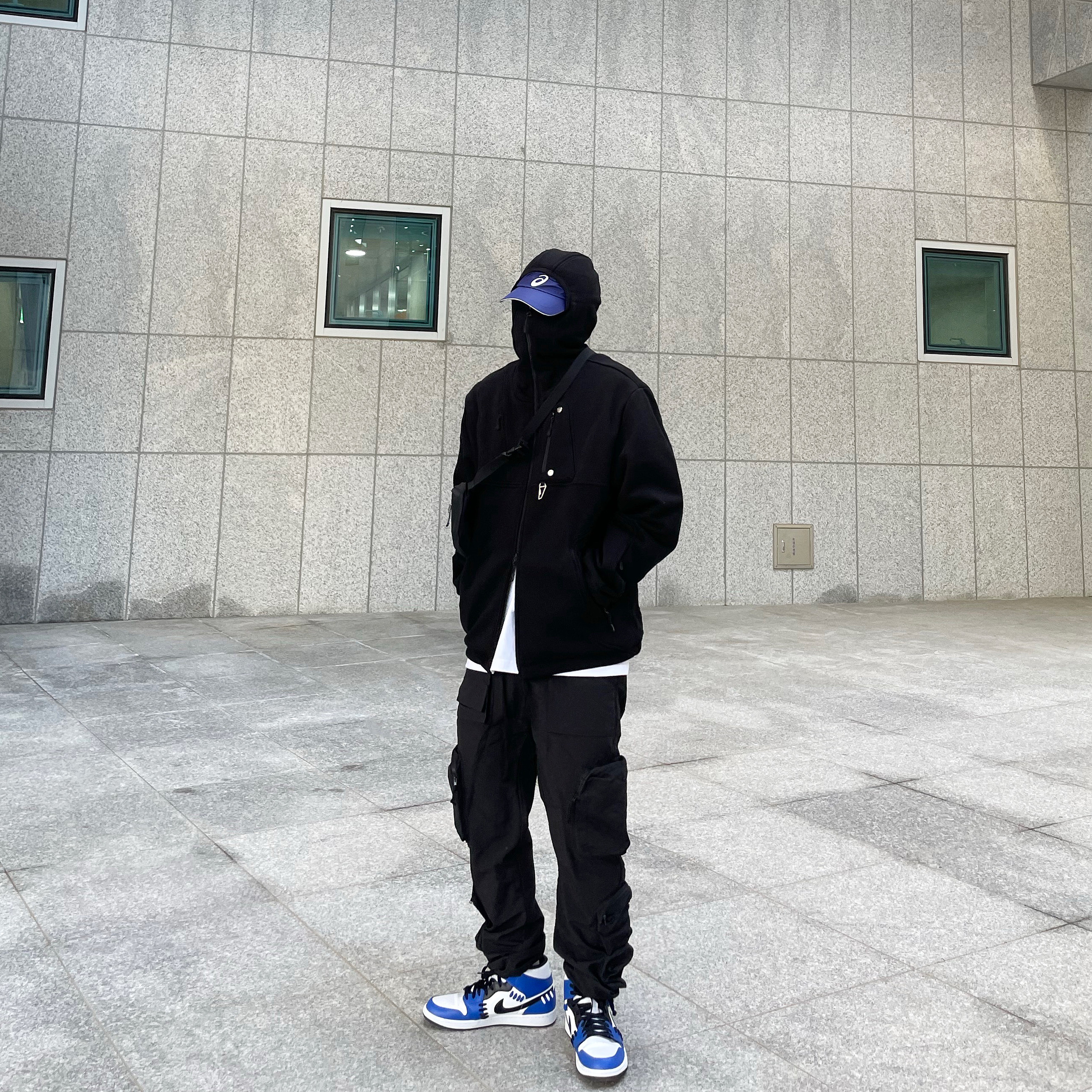 IAB Studio x Asics Navy Woven Cap, Undermycar Marshall Chest Pocket Balaclava Zip-Up Cariair - 22SS 착용 스타일