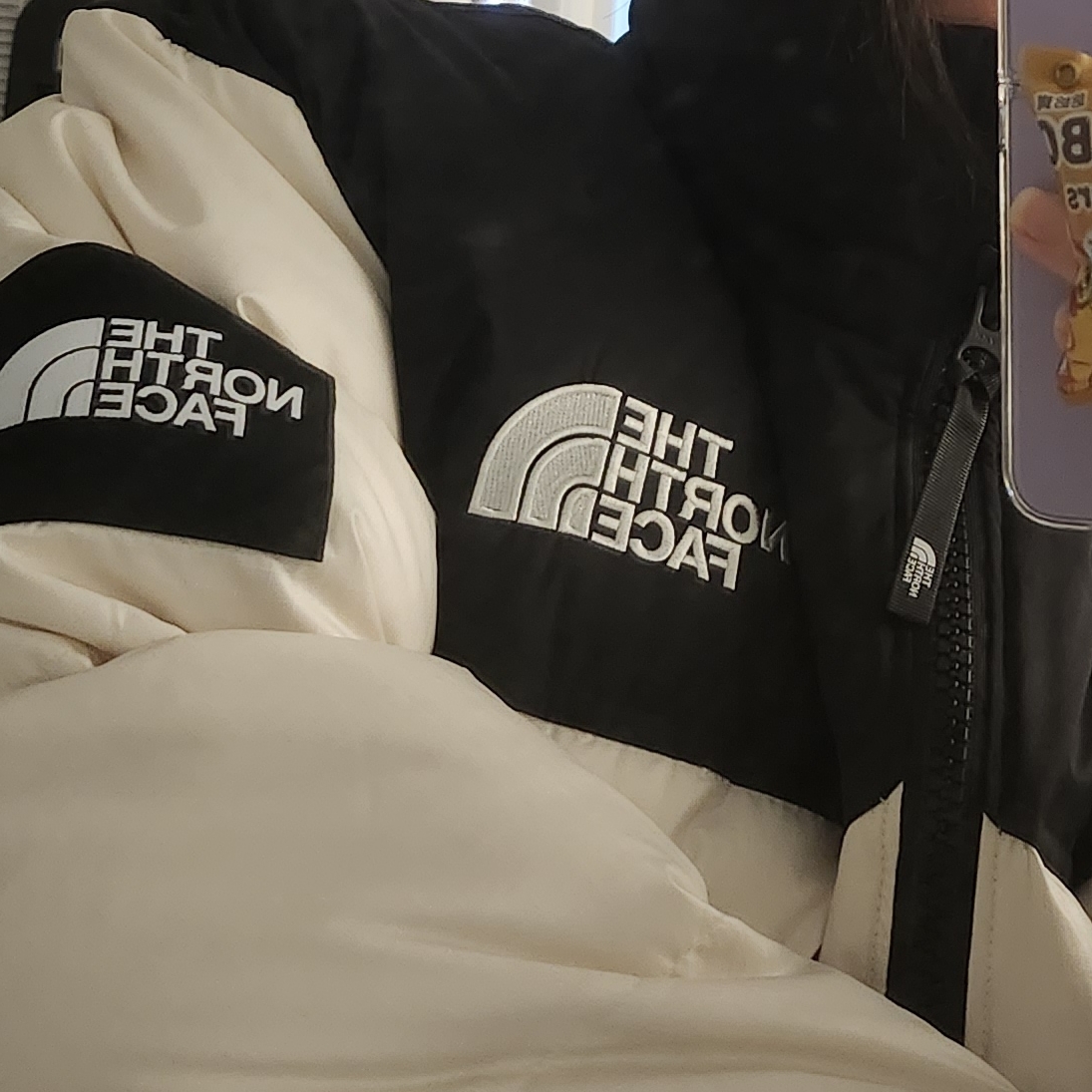 The North Face Novelty Nuptse Down Jacket Cream 착용 스타일