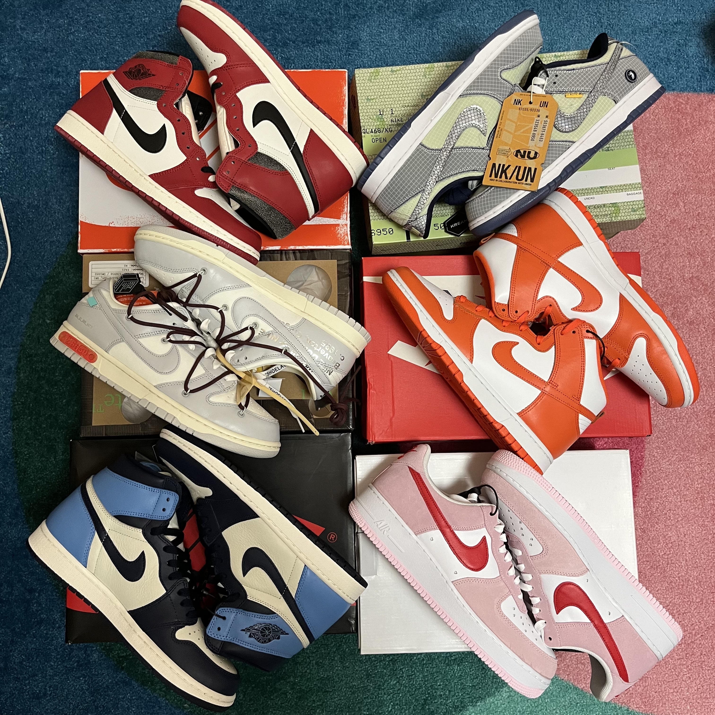 Jordan 1 Retro High OG Chicago 2022, Nike x Union Dunk Low Passport Pack Pistachio 착용 스타일