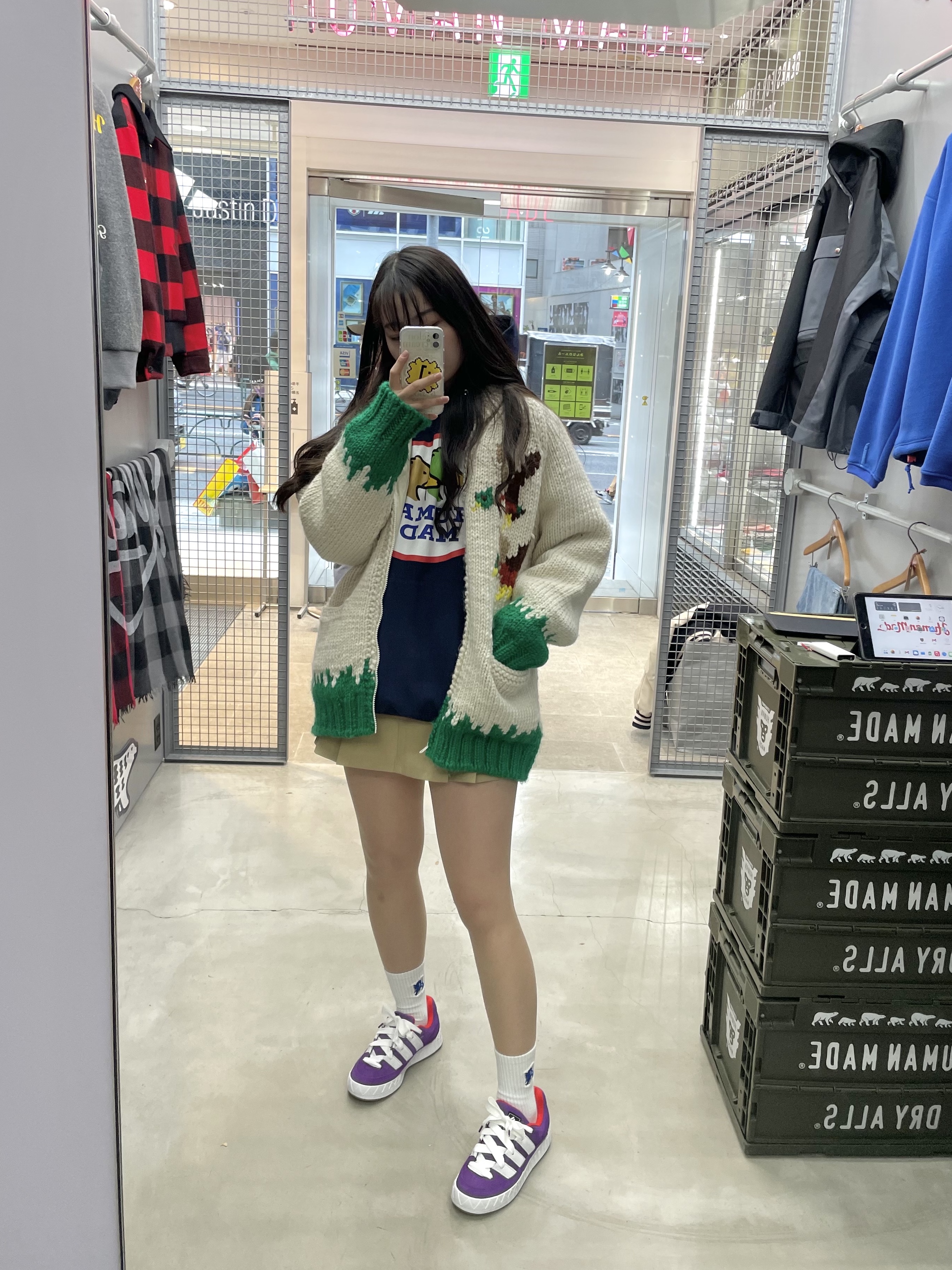 Human Made Duck Cowichan White, Adidas x Atmos Adimatic Glory Purple 착용 스타일