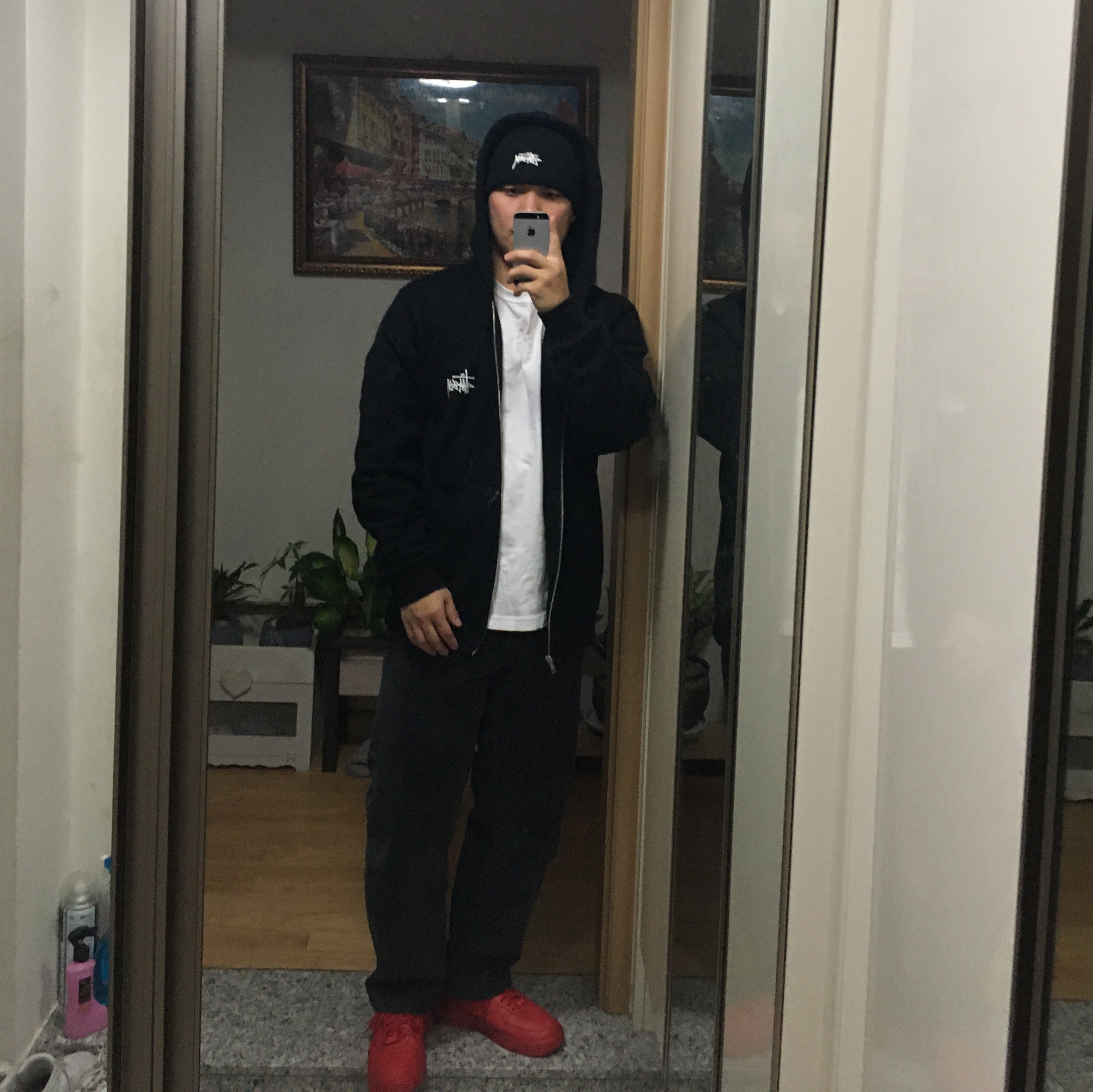 Stussy Basic Stussy Zip Hoodie Black 2022, Nike x Stussy Cuff Beanie Black 착용 스타일