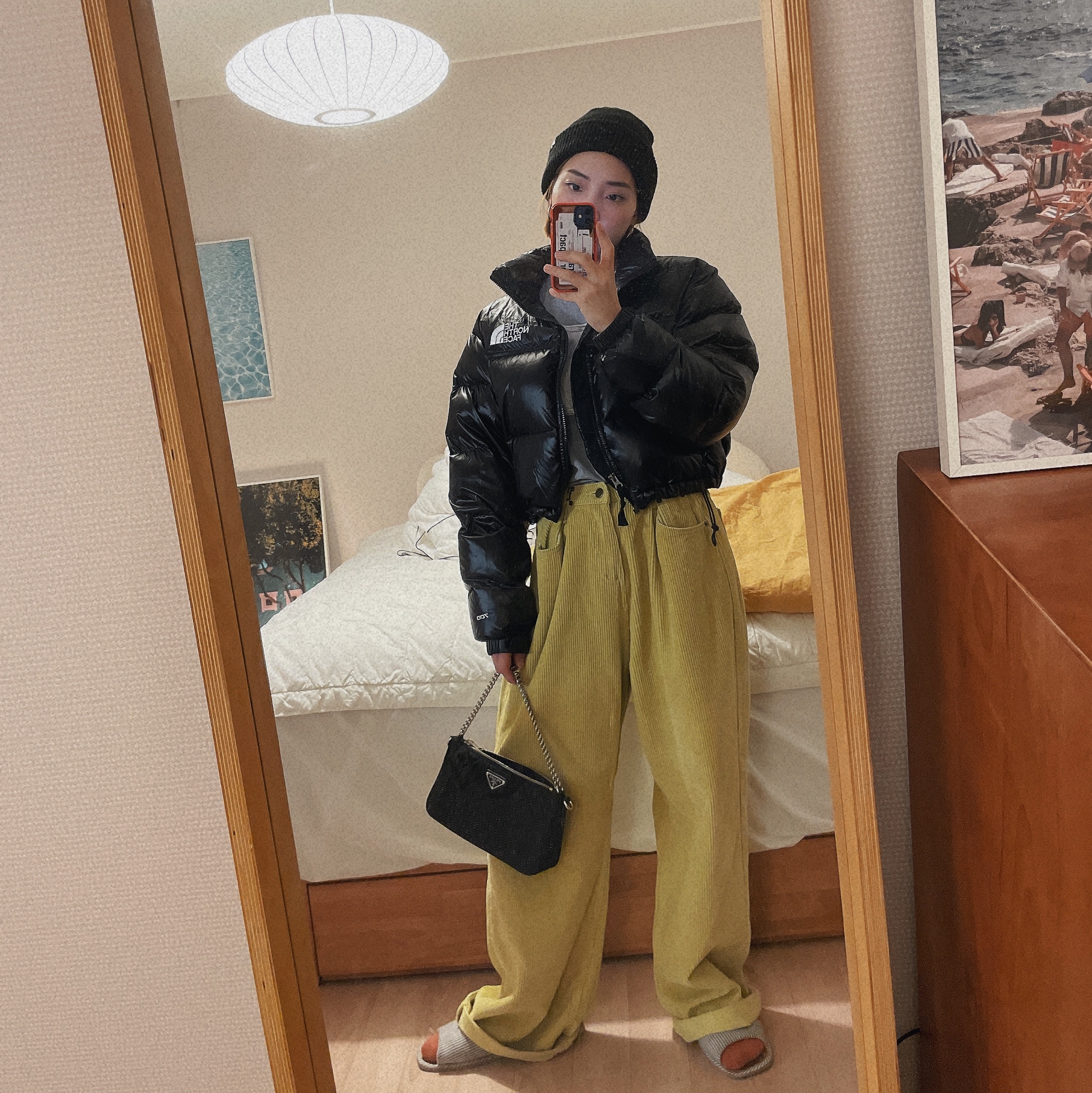 Prada Nylon Quilted Chain Shoulder Bag Black, (W) The North Face Nuptse Short Jacket TNF Black 착용 스타일 - 2