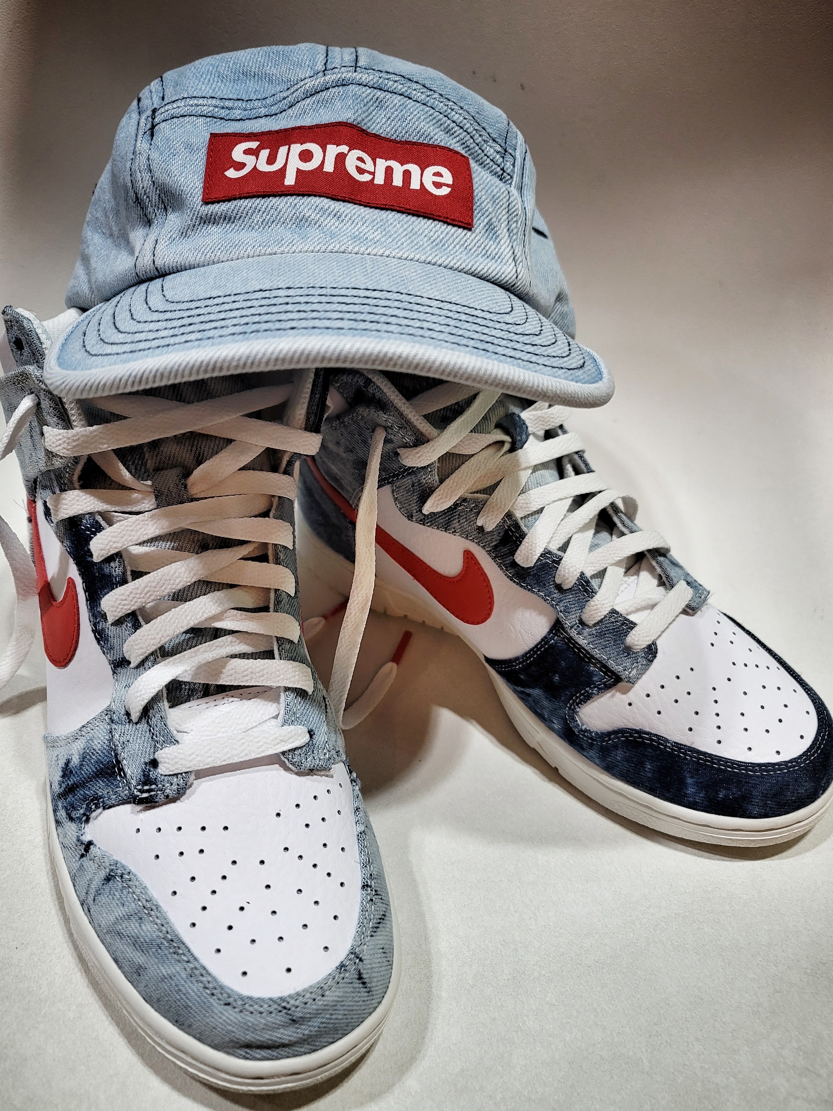 Supreme Denim Camp Cap Washed Blue - 22FW, (W) Nike Dunk High Washed Denim 착용 스타일