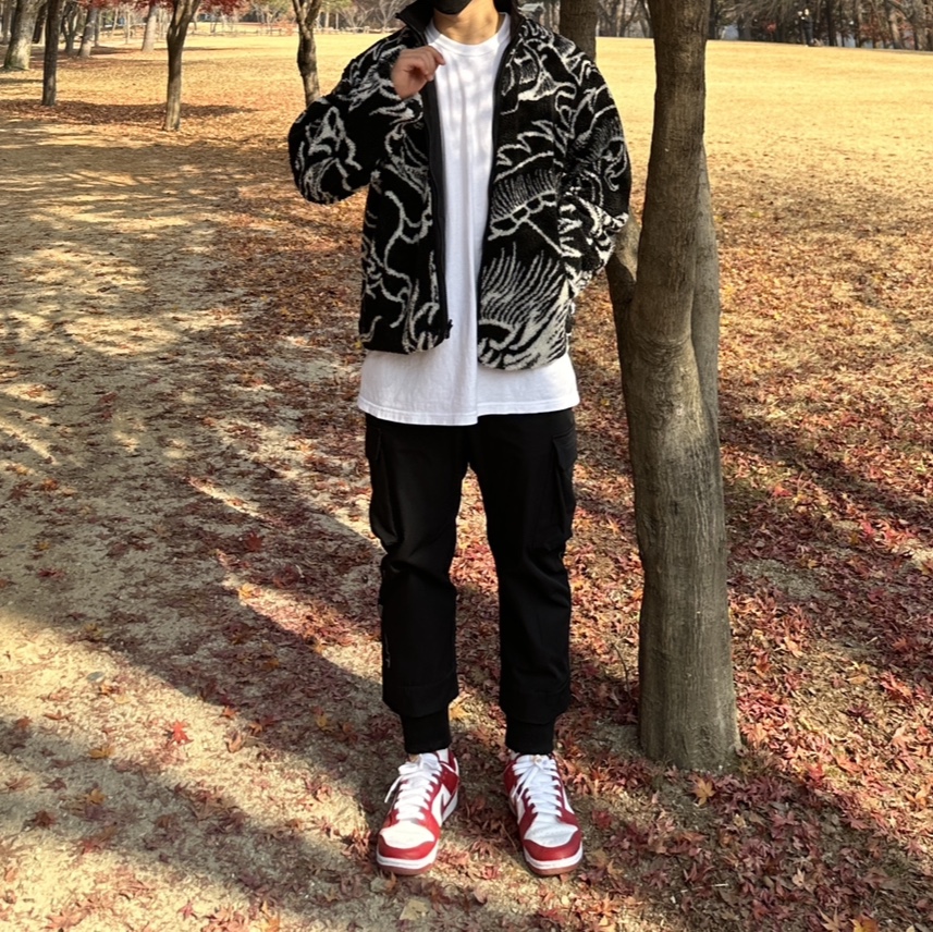 Stussy Dragon Sherpa Jacket Black, Nike Dunk Low Retro Gym Red 착용 스타일 - 1