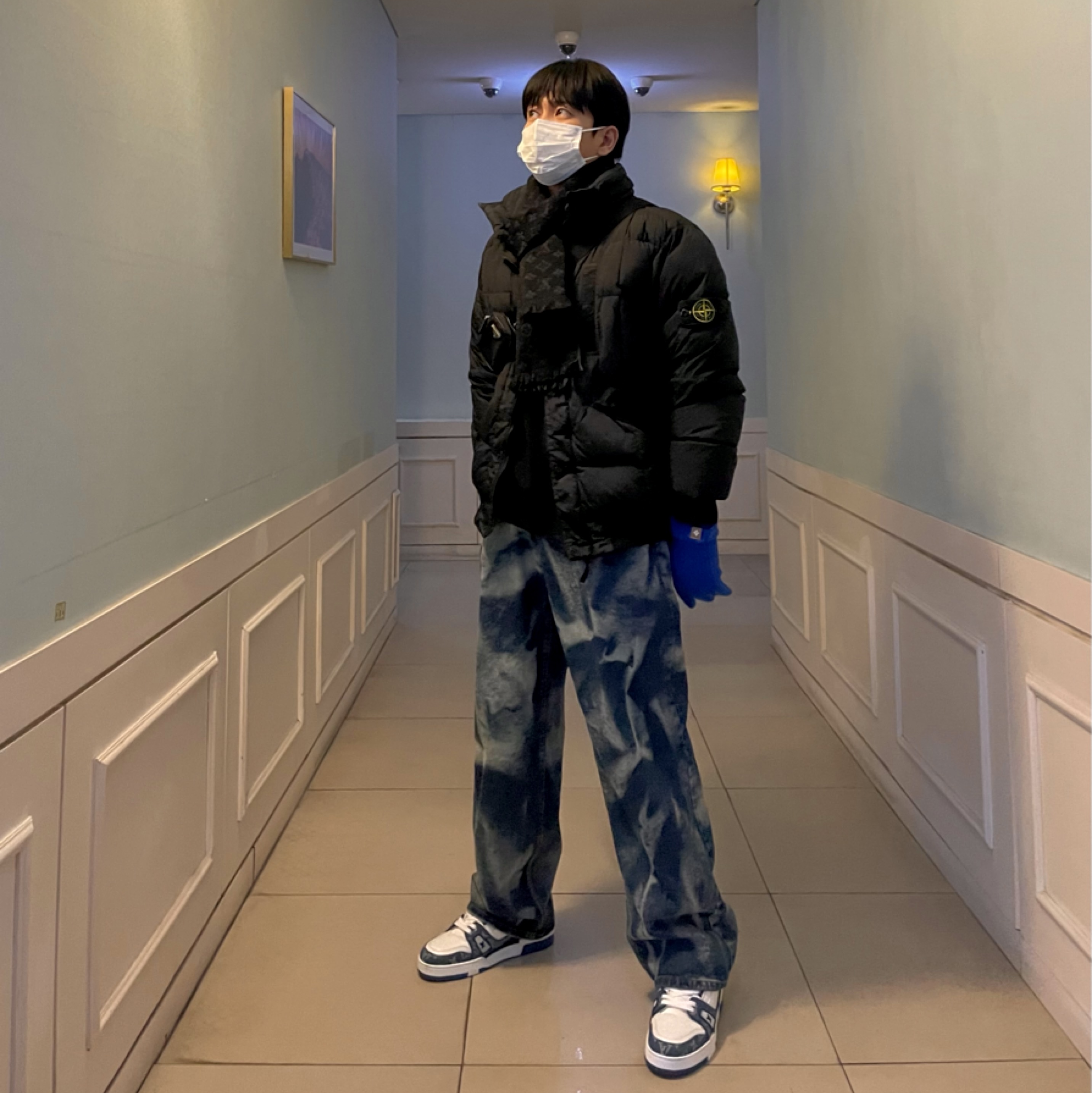 Louis Vuitton LV Trainer Sneakers Monogram Denim Blue, Stone Island 40223 Garment Dyed Crinkle Reps Down Jacket Black - 21FW 착용 스타일