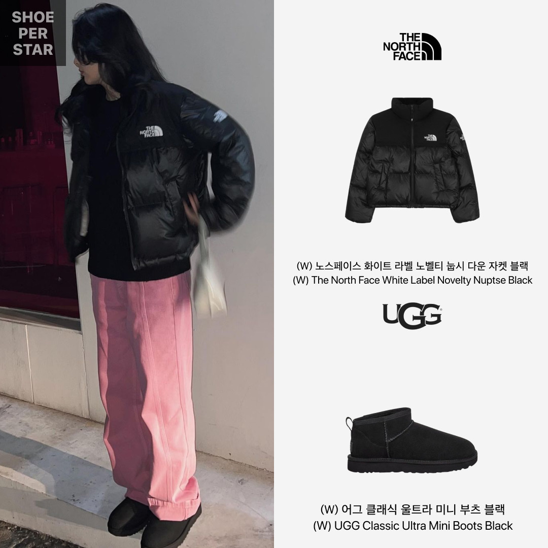 (W) The North Face White Label Novelty Nuptse Down Jacket Black, (W) UGG Classic Ultra Mini Boots Black 착용 스타일 - 1