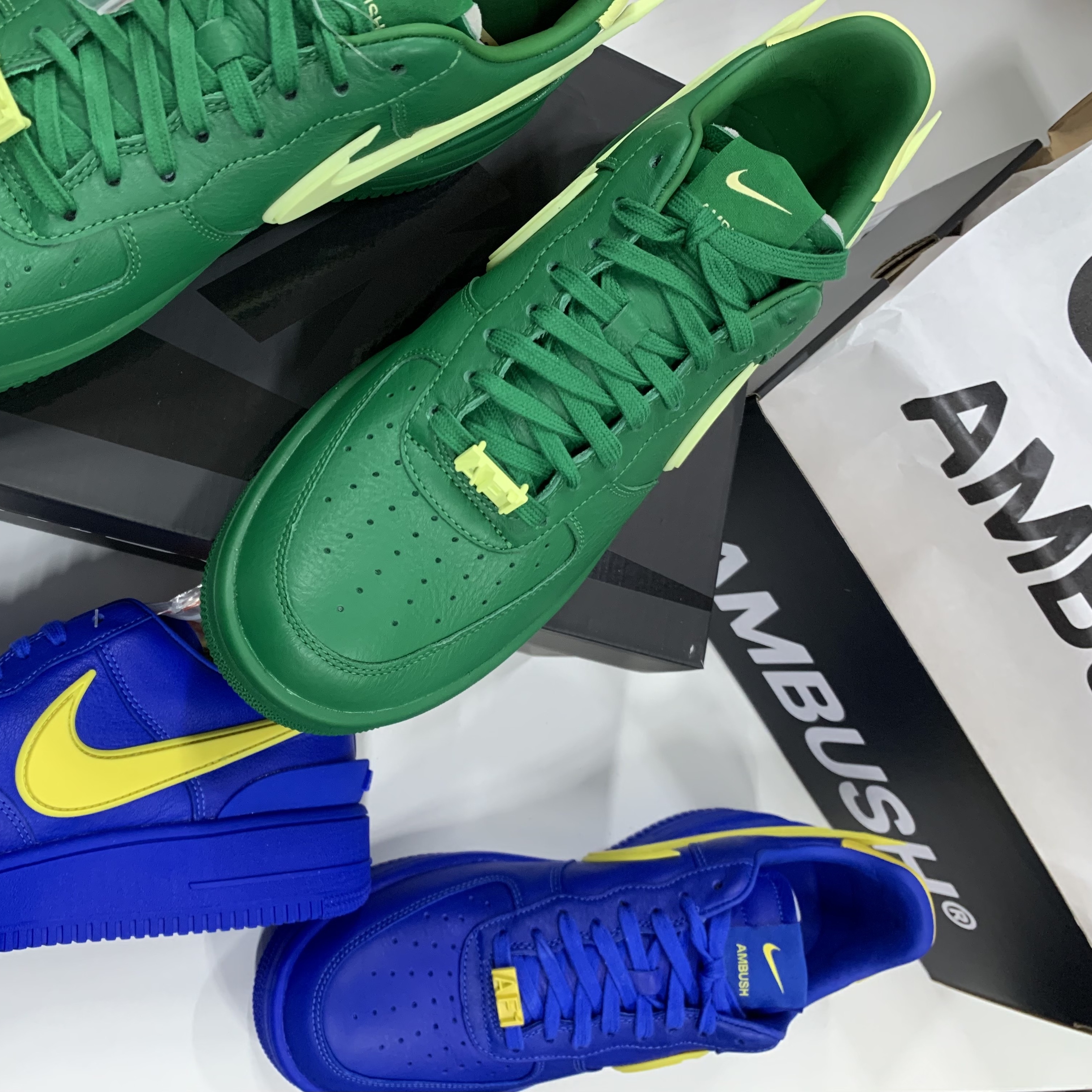 Nike x Ambush Air Force 1 Low SP Pine Green and Citron, Nike x Ambush Air Force 1 Low SP Game Royal and Vivid Sulfur 착용 스타일
