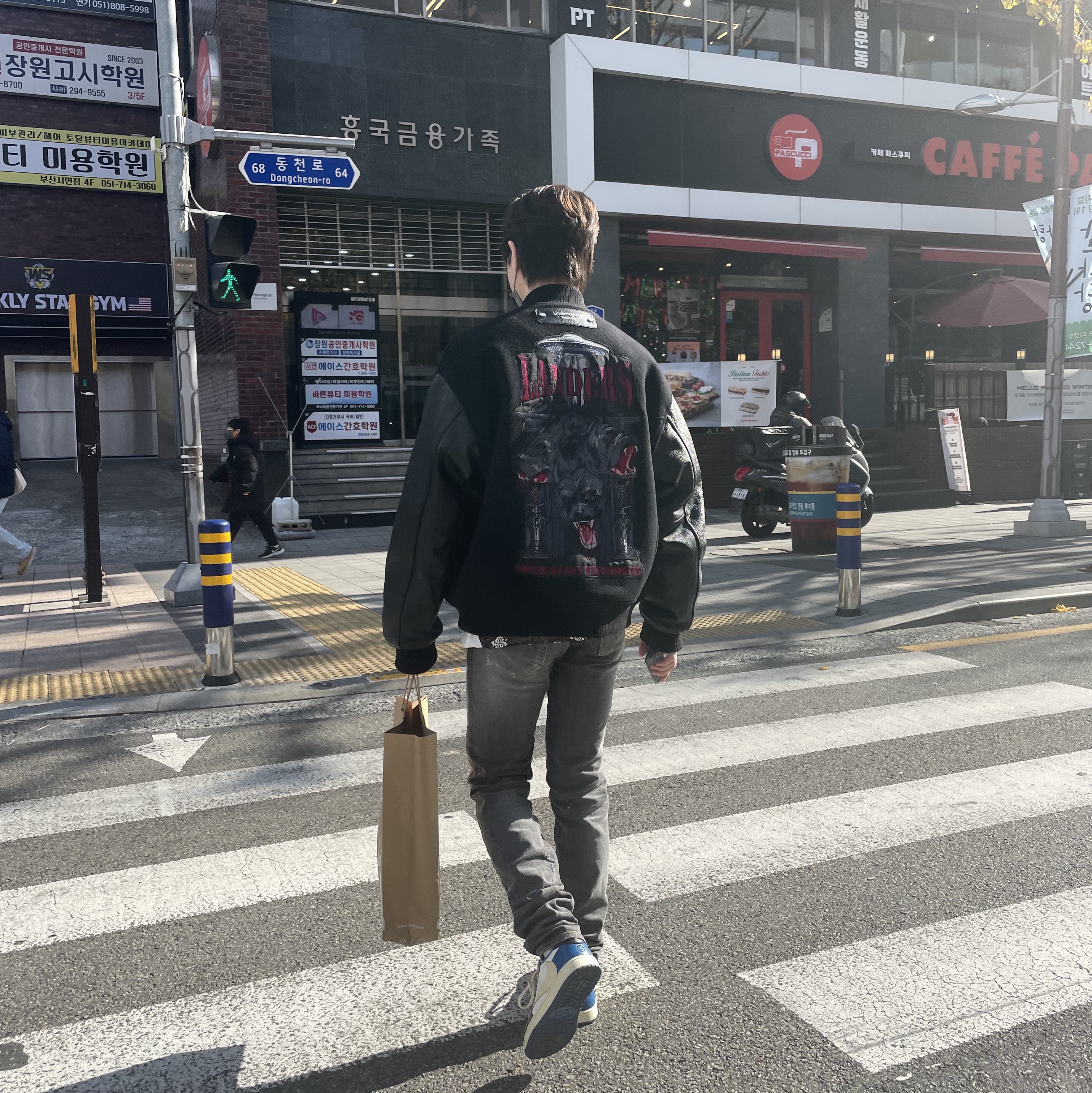 Undermycar Operation Chromite Kerberos Oversized Varsity Jacket Ox Blood - 22FW, Undermycar Legion.03 Slim Fit Blue Stitch Washed Jeans Washed Gray 착용 스타일