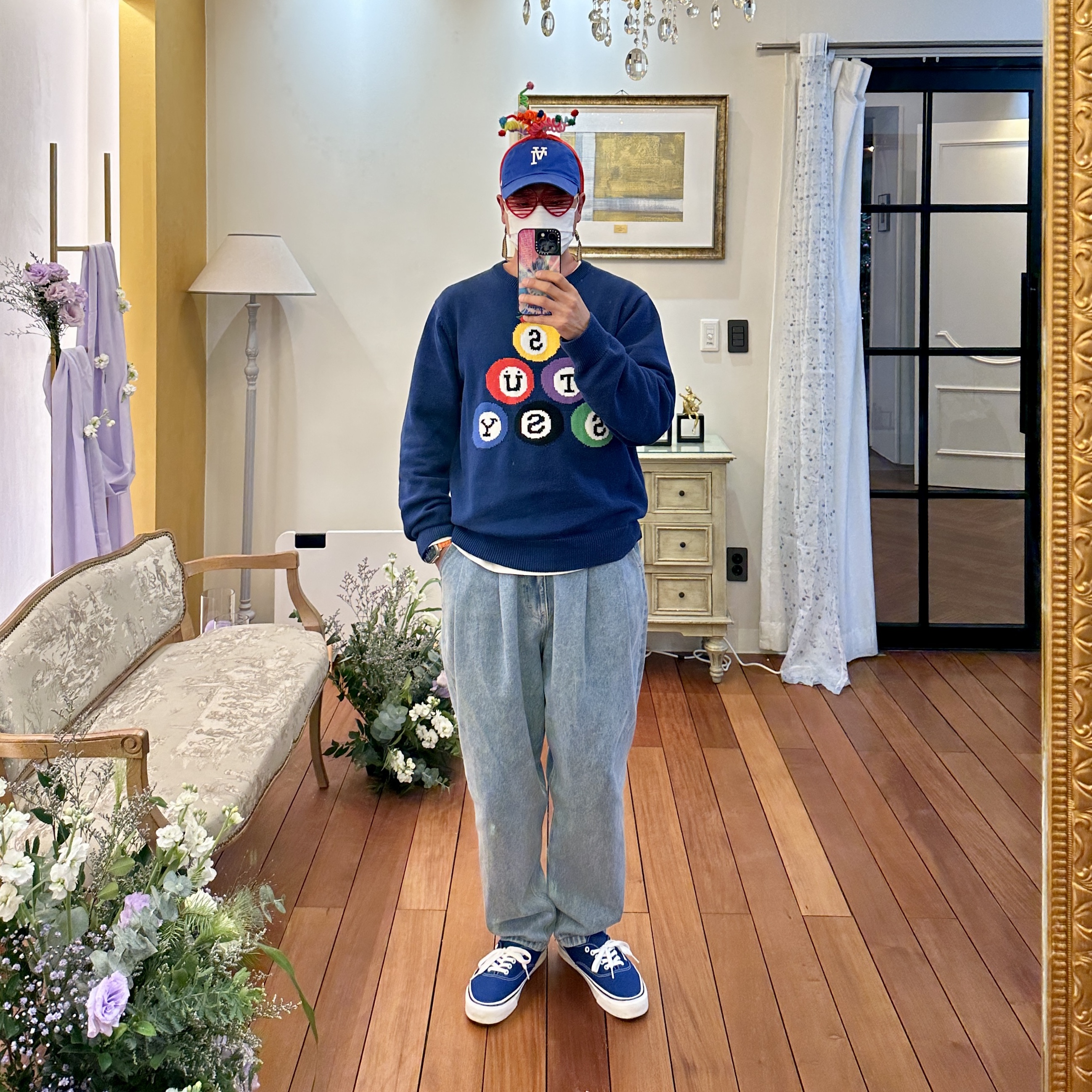 Stussy Billiard Sweater Navy, Vans Authentic 44 DX Anaheim Factory Dress Blues 착용 스타일 - 1