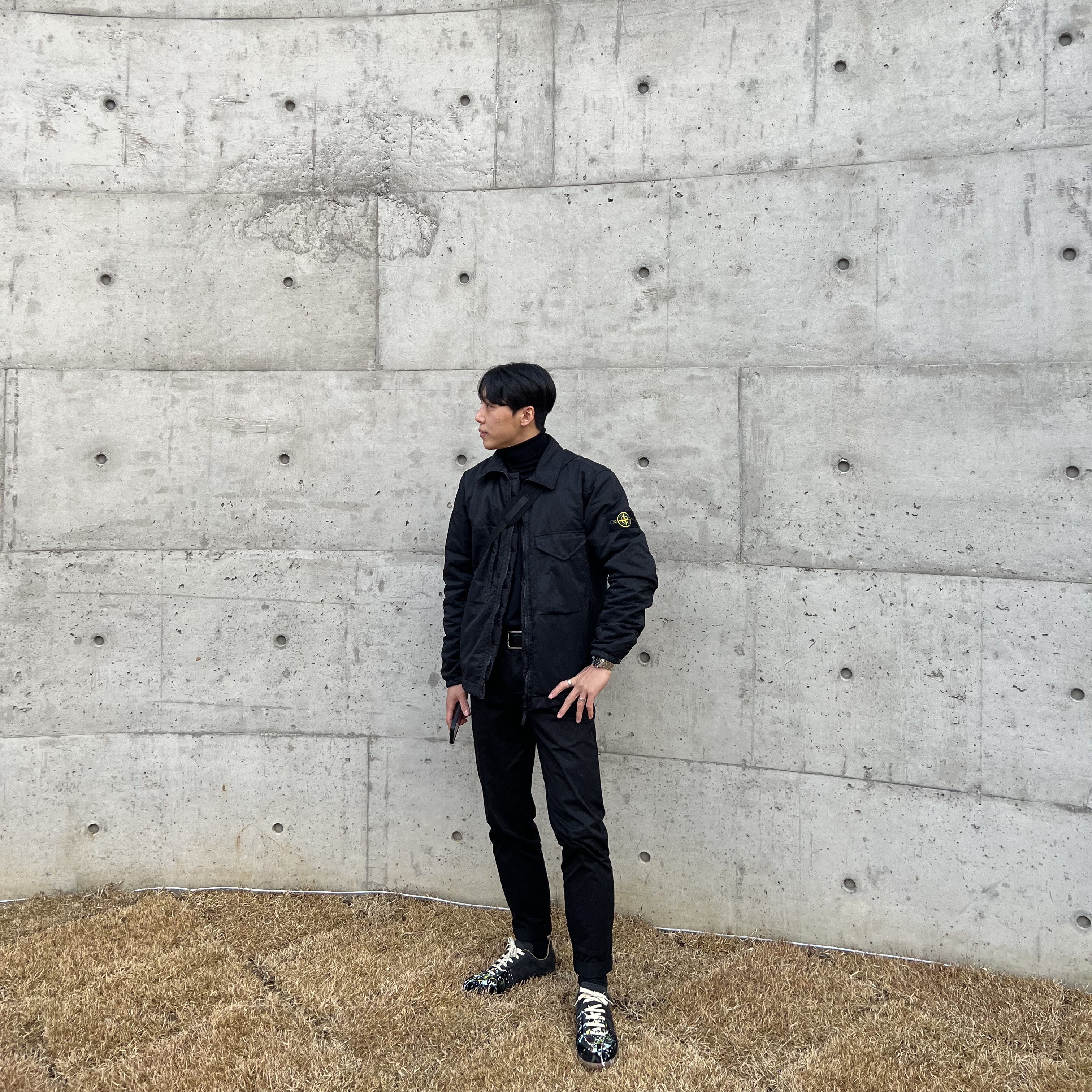 Stone Island Q0321 Opaque Nylon Twill with Primaloft TC Jacket Black - 22FW, Maison Margiela Replica Paint Drop Sneakers Black 착용 스타일