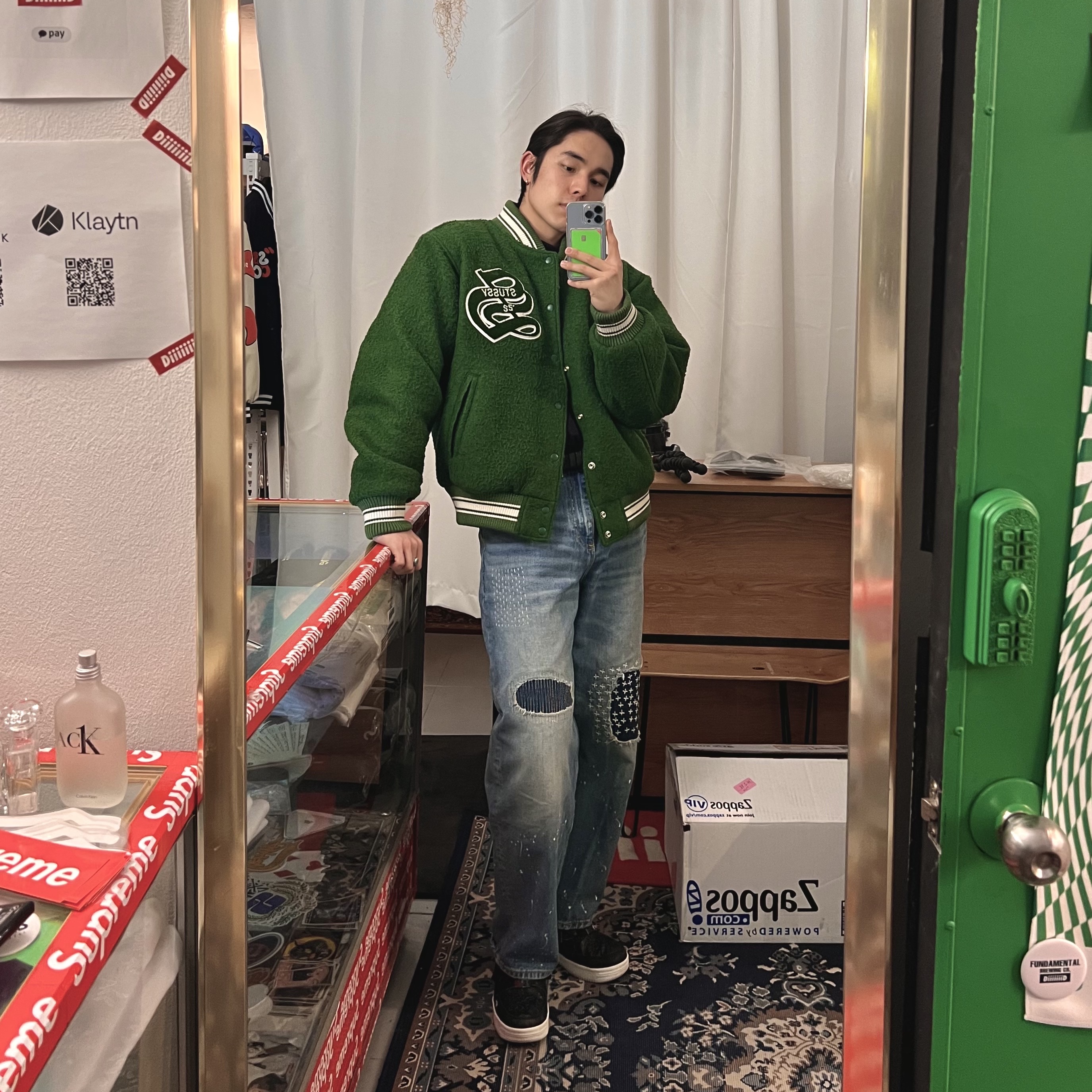 Stussy Casentino Wool Varsity Jacket Green, Zara x Ader Error Patchwork Jeans Blue 착용 스타일