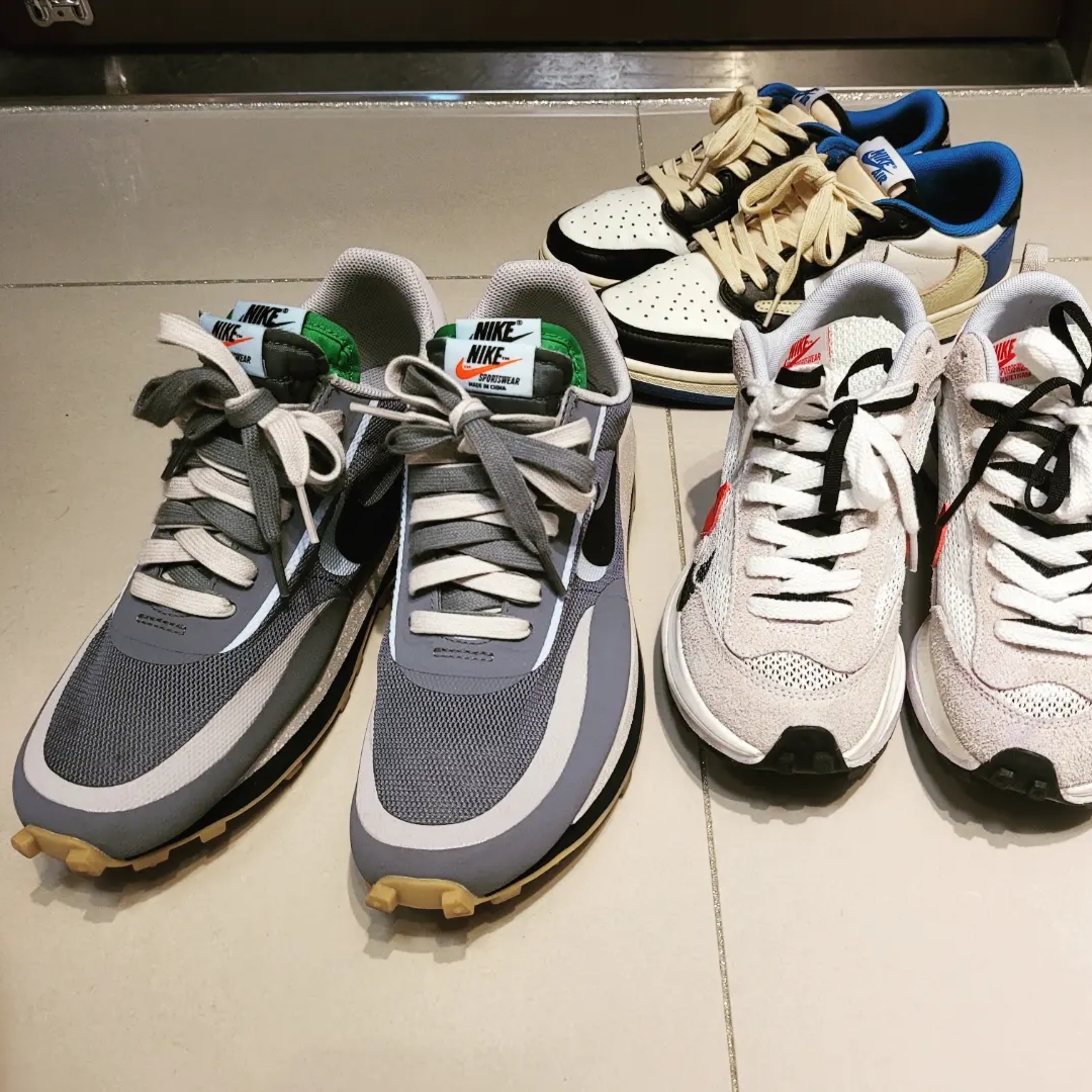 Nike x Sacai x Clot LDWaffle Cool Grey, Nike x Sacai VaporWaffle Royal Fuchsia 착용 스타일 - 1