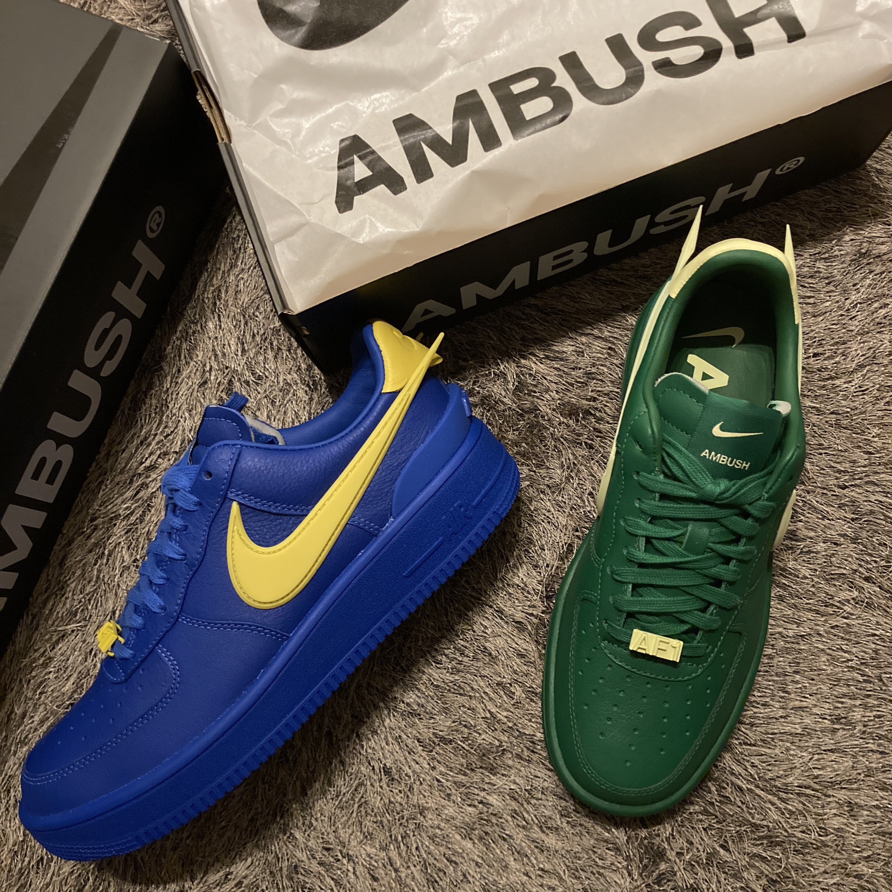 Nike x Ambush Air Force 1 Low SP Pine Green and Citron, Nike x Ambush Air Force 1 Low SP Game Royal and Vivid Sulfur 착용 스타일