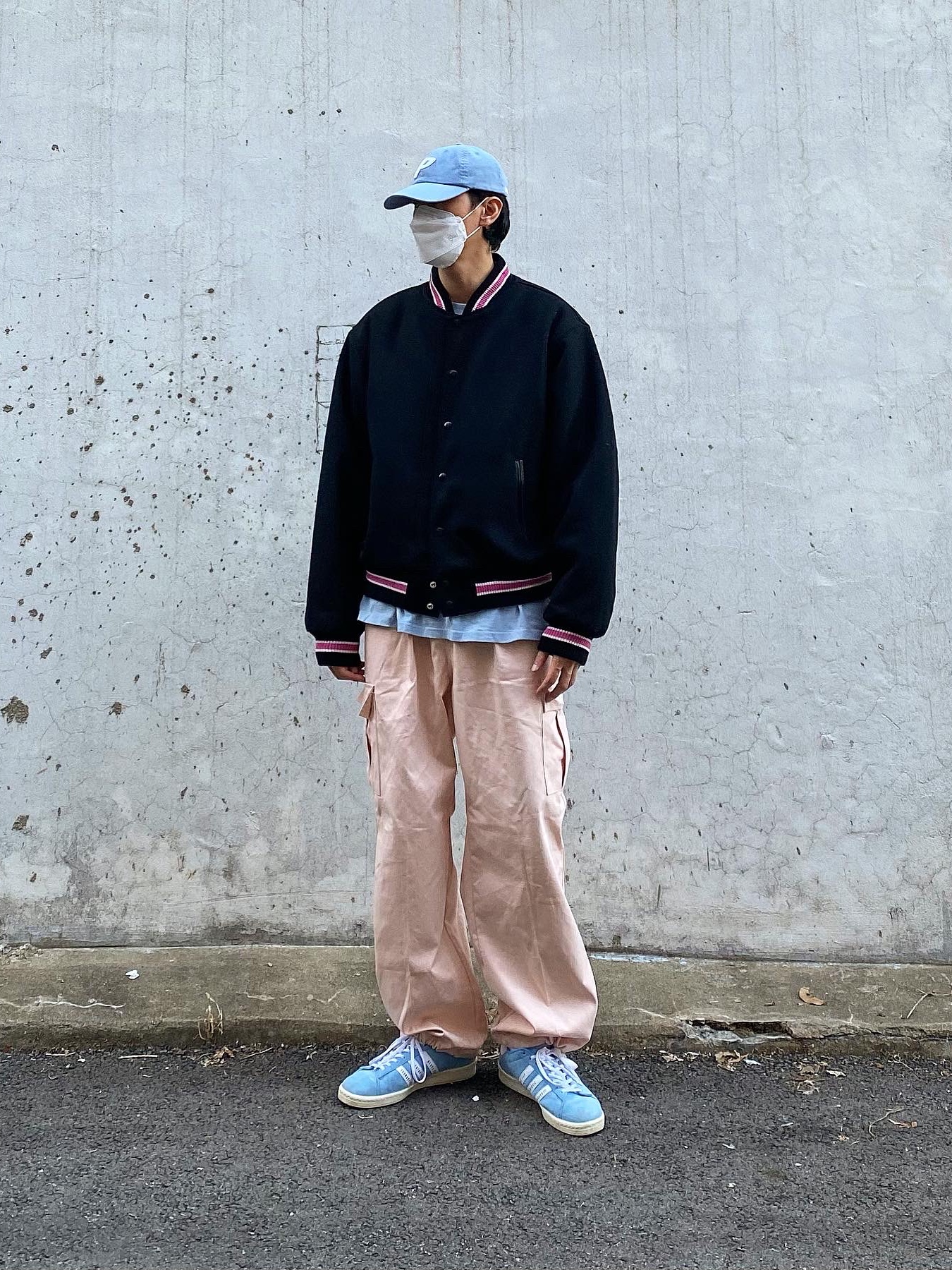 Stussy S Talk Melton Varsity Jacket Black, Adidas x Human Made Campus Light Blue 착용 스타일 - 2