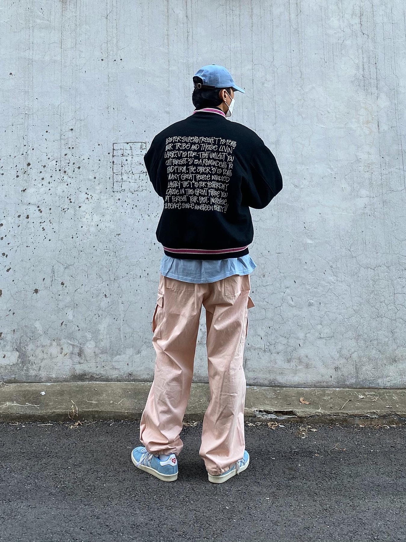 Stussy S Talk Melton Varsity Jacket Black, Adidas x Human Made Campus Light Blue 착용 스타일 - 4