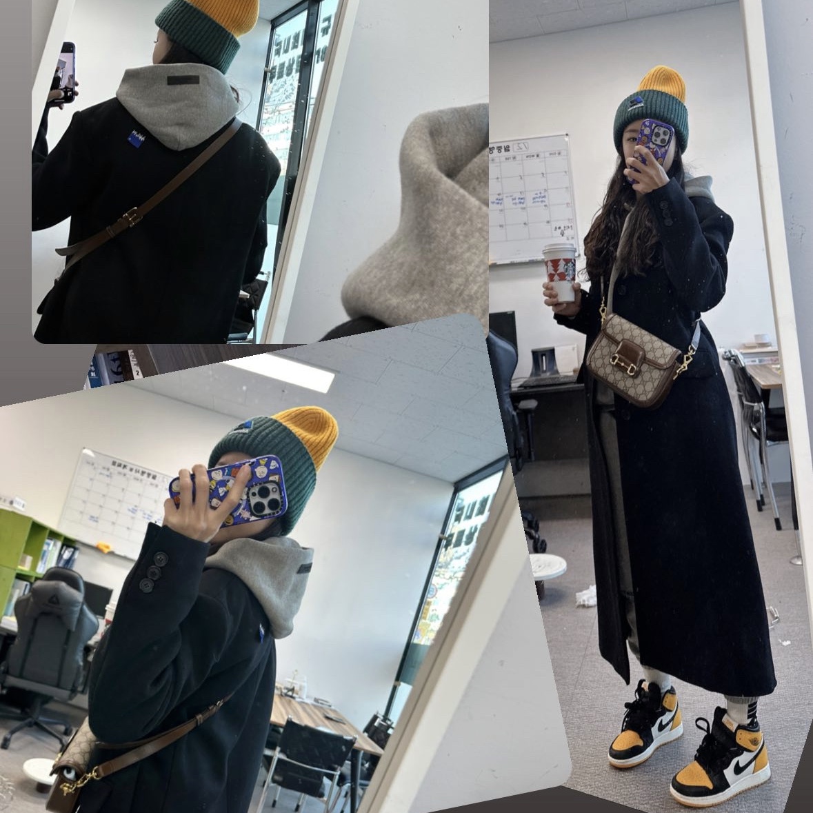 Zara x Ader Error Wool Blend Oversize Coat Black, Ader Error x Zara Beanie Mustard 착용 스타일