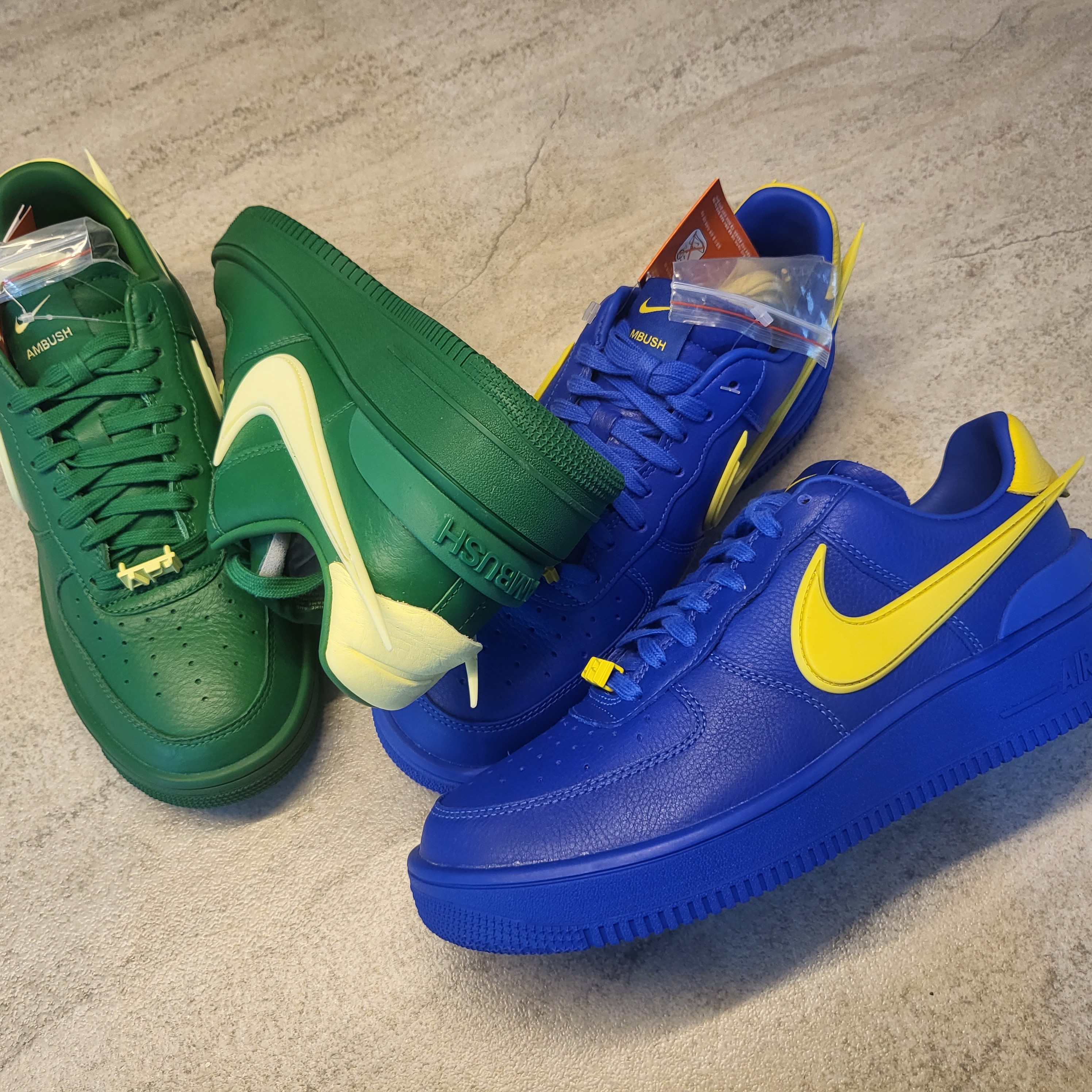 Nike x Ambush Air Force 1 Low SP Game Royal and Vivid Sulfur, Nike x Ambush Air Force 1 Low SP Pine Green and Citron 착용 스타일