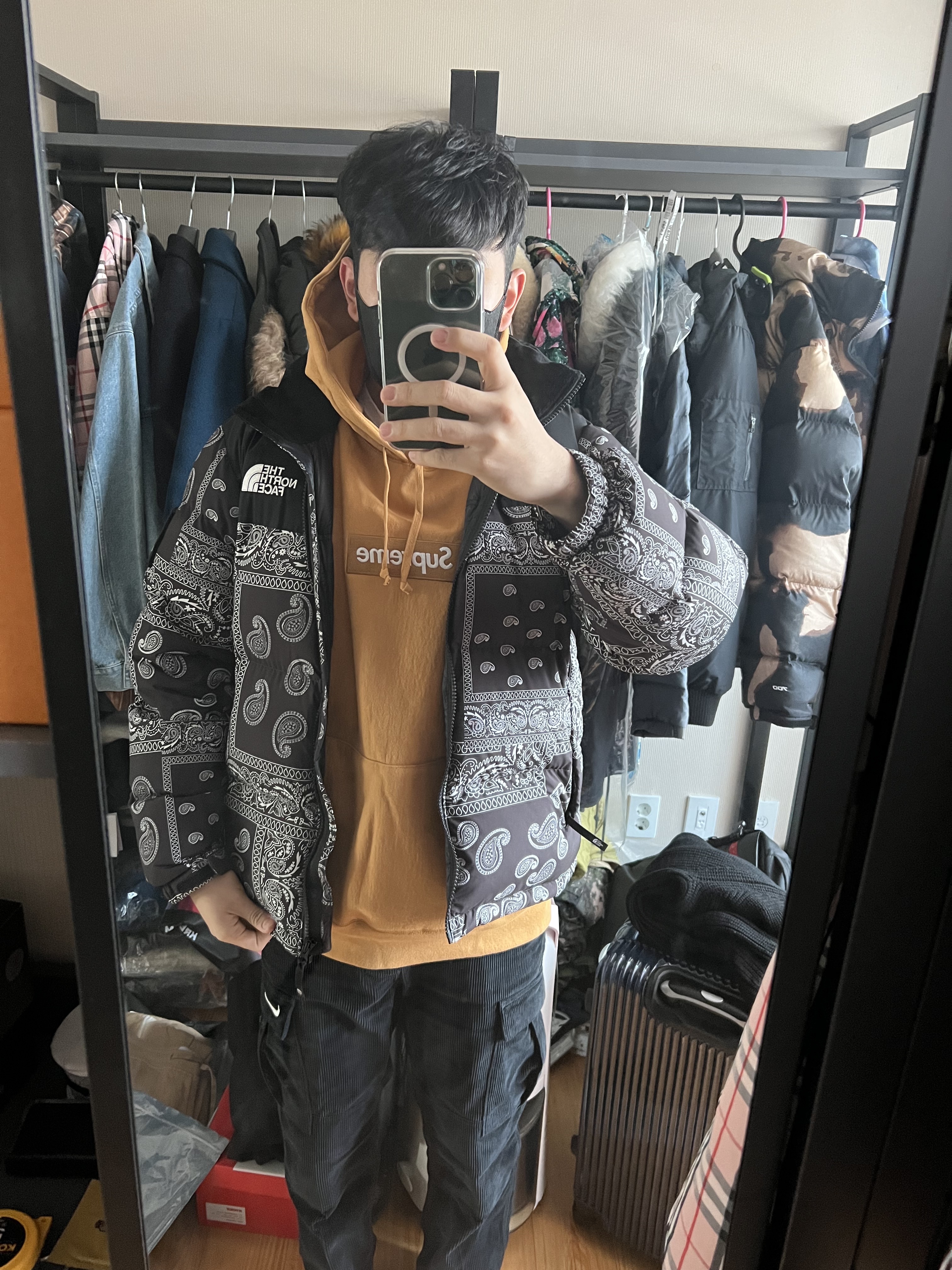 The North Face Nuptse Down Jacket Black, Supreme Box Logo Hooded Sweatshirt Light Mustard - 21FW 착용 스타일