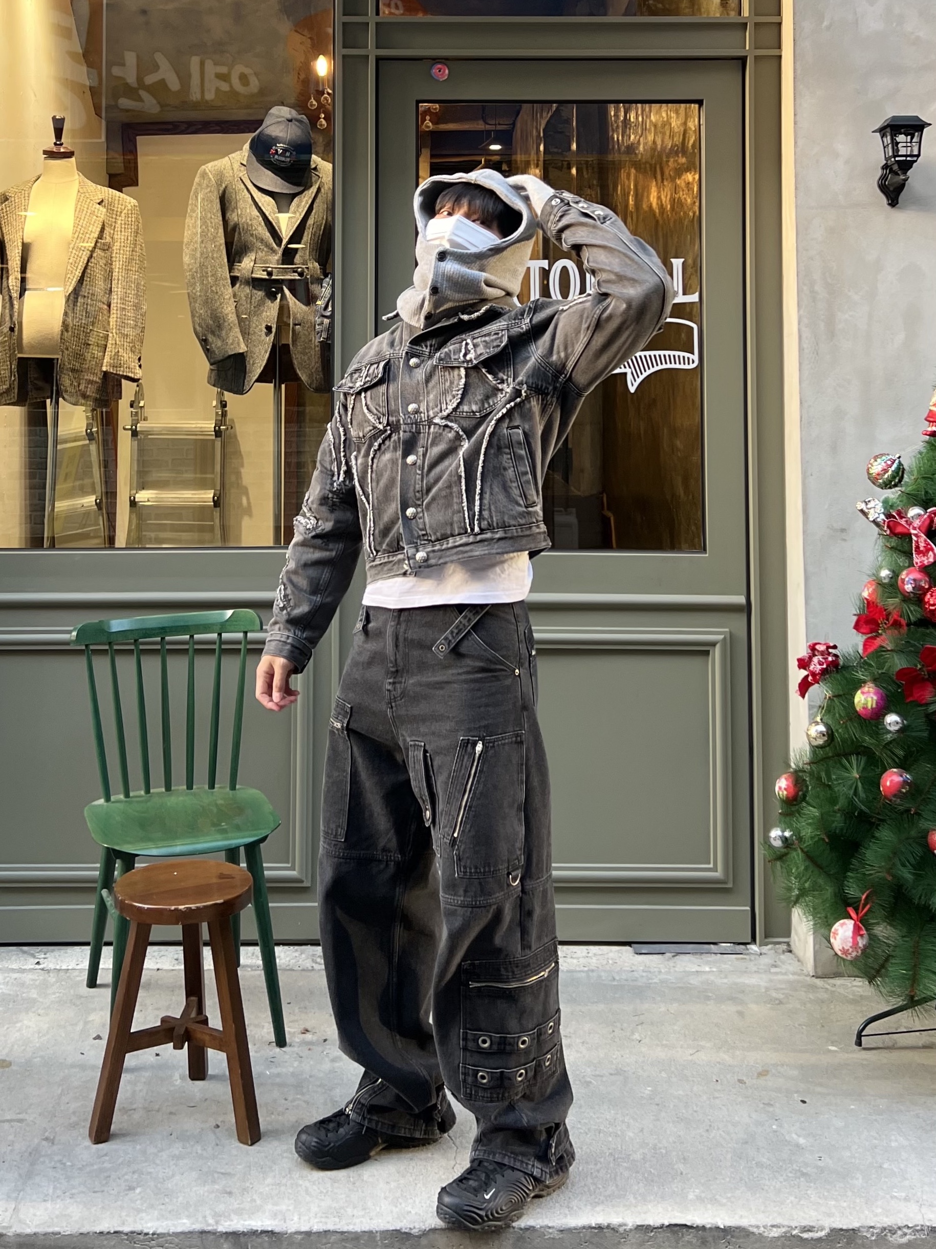 Nike x Comme des Garcons Homme Plus Air Foamposite One Black, Project G/R Flight Denim Pants Black 착용 스타일