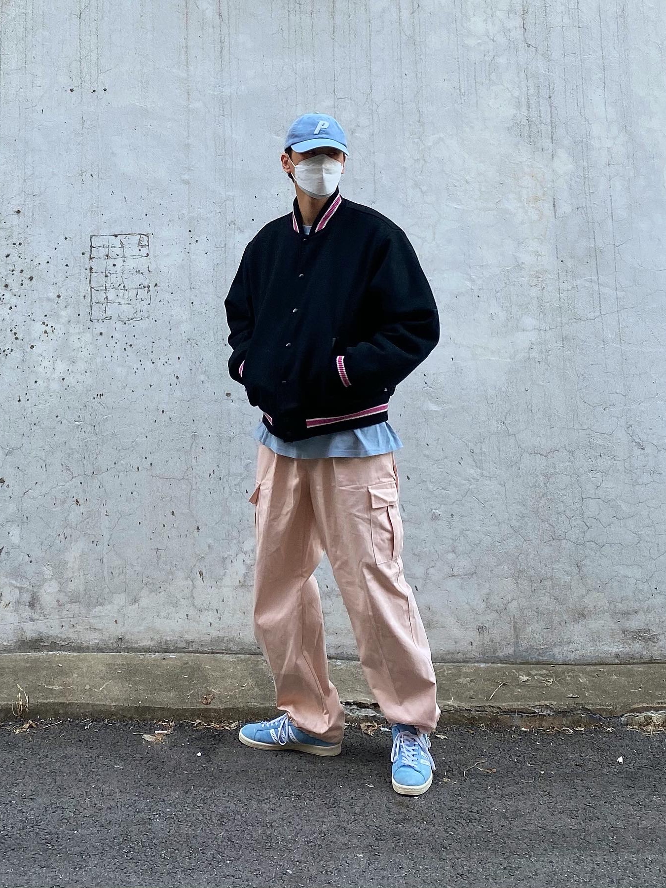 Stussy S Talk Melton Varsity Jacket Black, Adidas x Human Made Campus Light Blue 착용 스타일 - 1