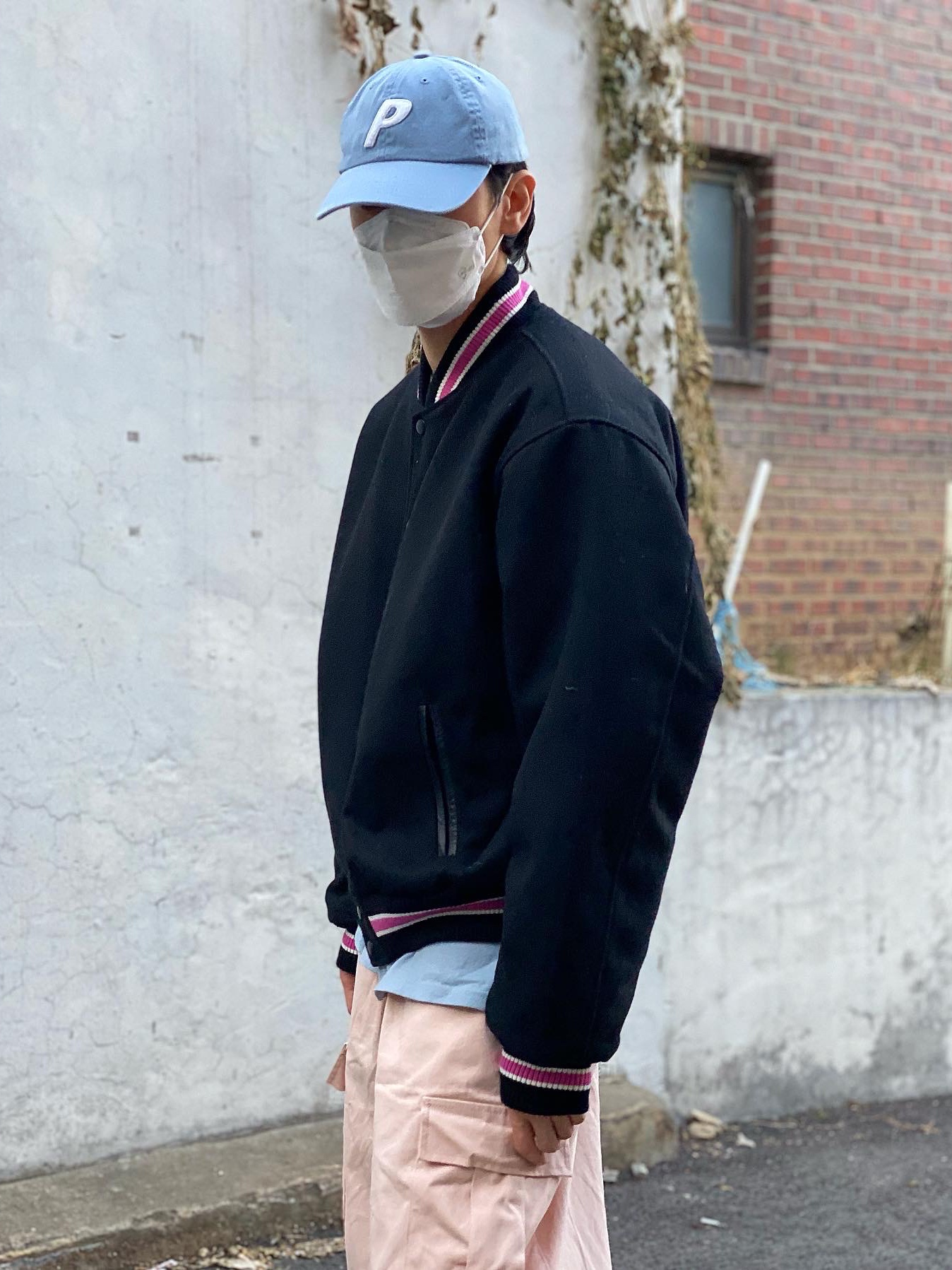 Stussy S Talk Melton Varsity Jacket Black, Adidas x Human Made Campus Light Blue 착용 스타일 - 3