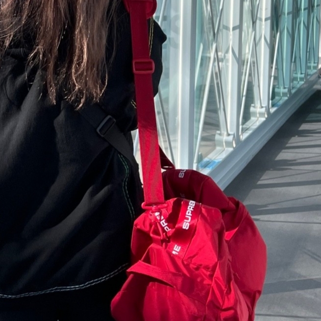 Supreme Duffle Bag Red - 22FW, Supreme Big Stitch Hooded Sweatshirt Black - 20FW 착용 스타일