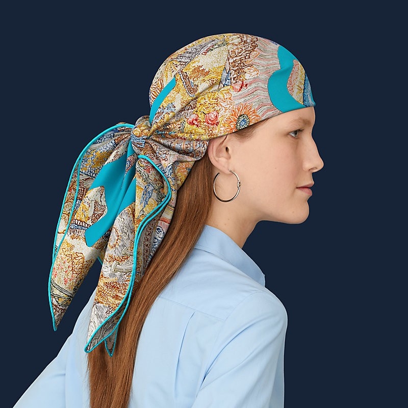 (W) Hermes Eleftheria Scarf 90 Ocre Bleu Cobalt Beige Rose 착용 스타일
