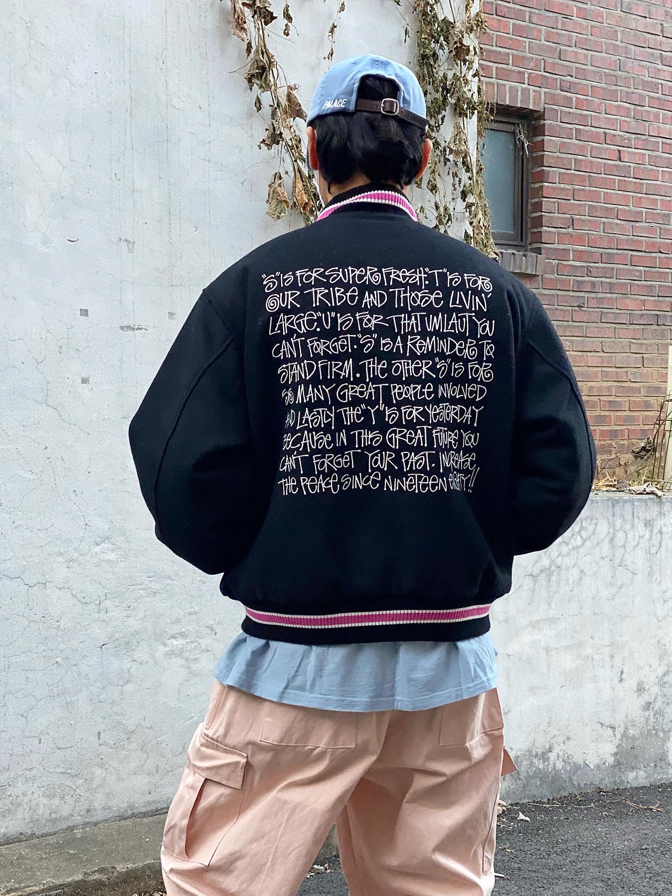 Stussy S Talk Melton Varsity Jacket Black, Adidas x Human Made Campus Light Blue 착용 스타일 - 5