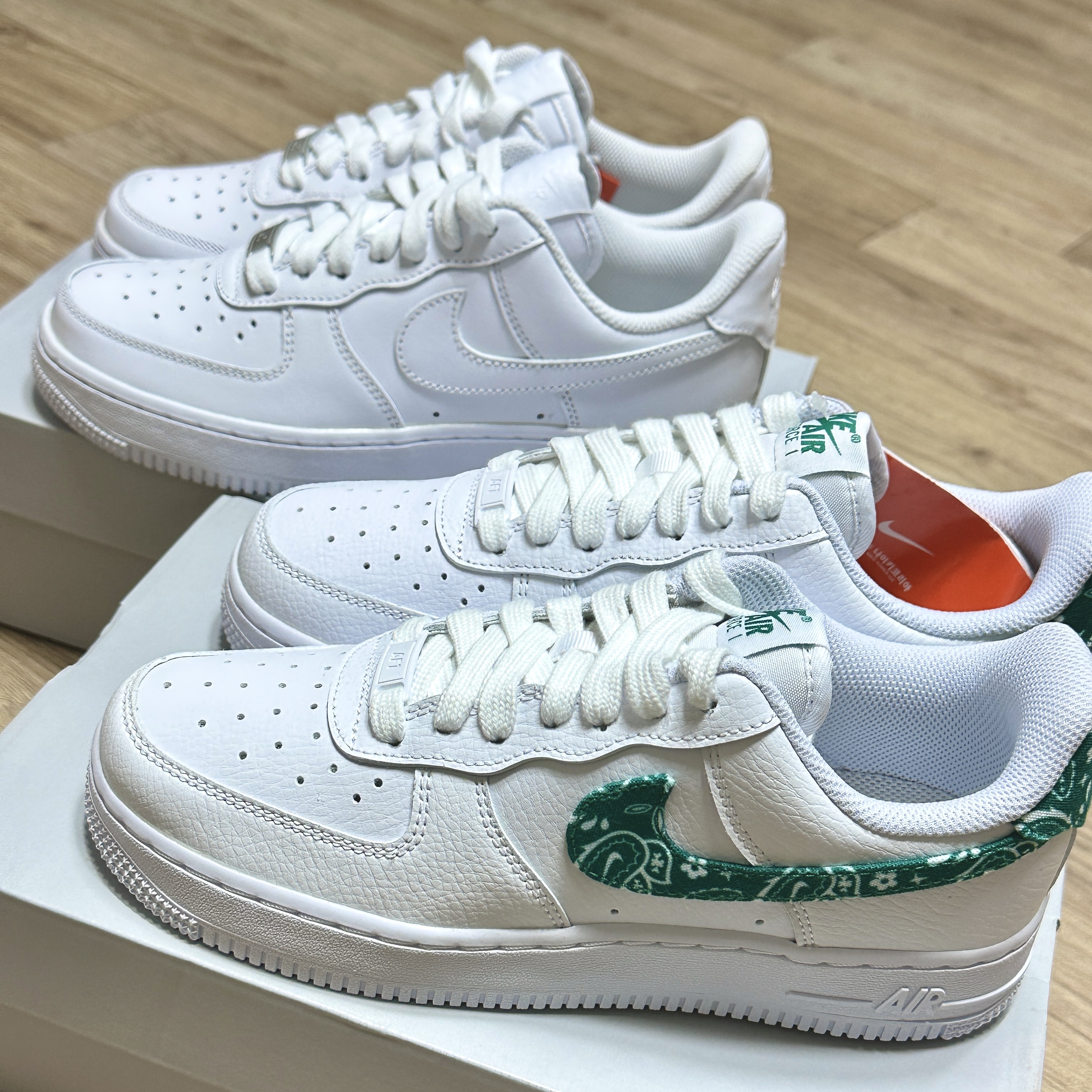 (W) Nike Air Force 1 '07 Essential Paisley Swoosh White Malachite, Nike Air Force 1 '07 Low White 착용 스타일
