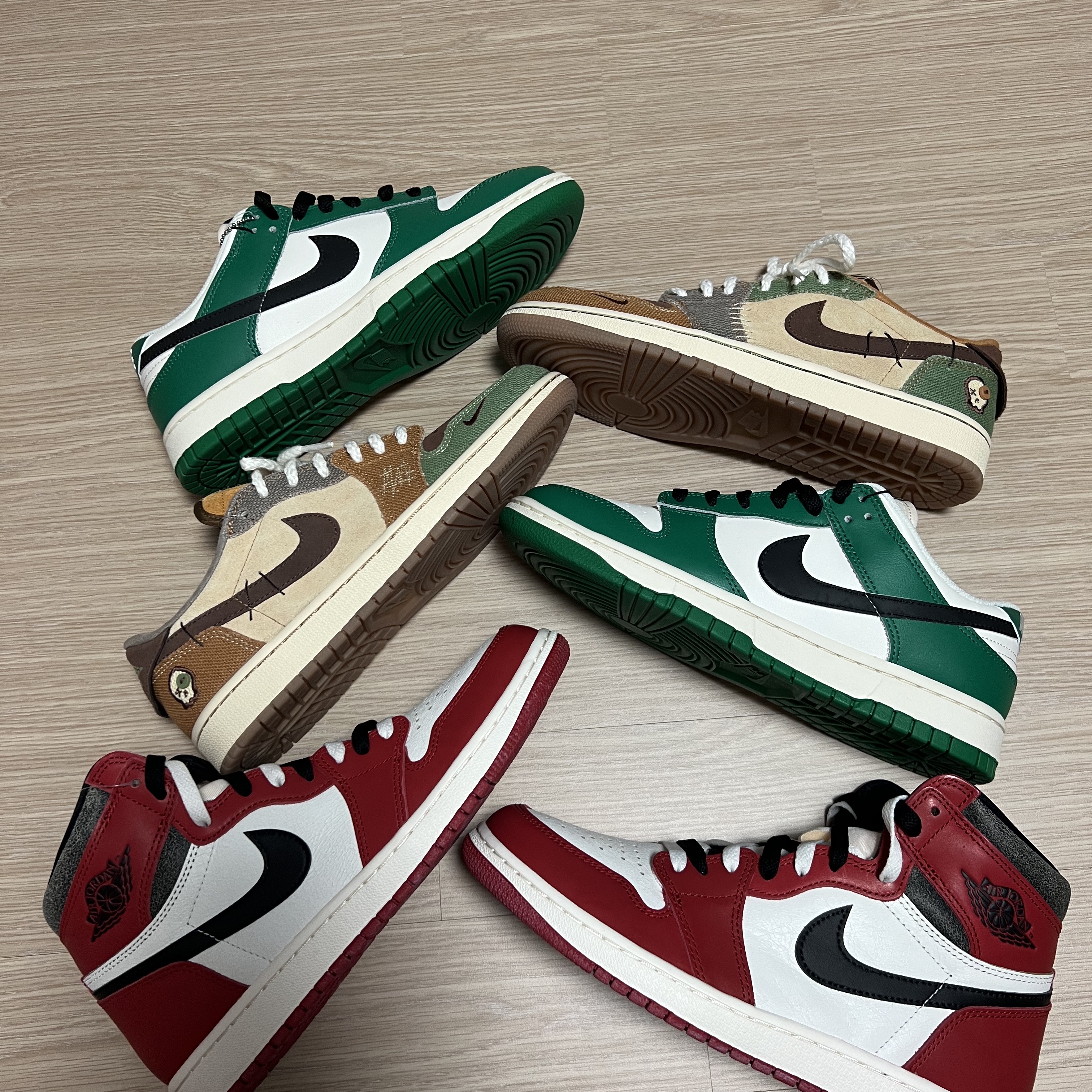 Jordan 1 Retro High OG Chicago 2022, Jordan 1 x Zion Williamson Retro Low OG Flax and Oil Green 착용 스타일