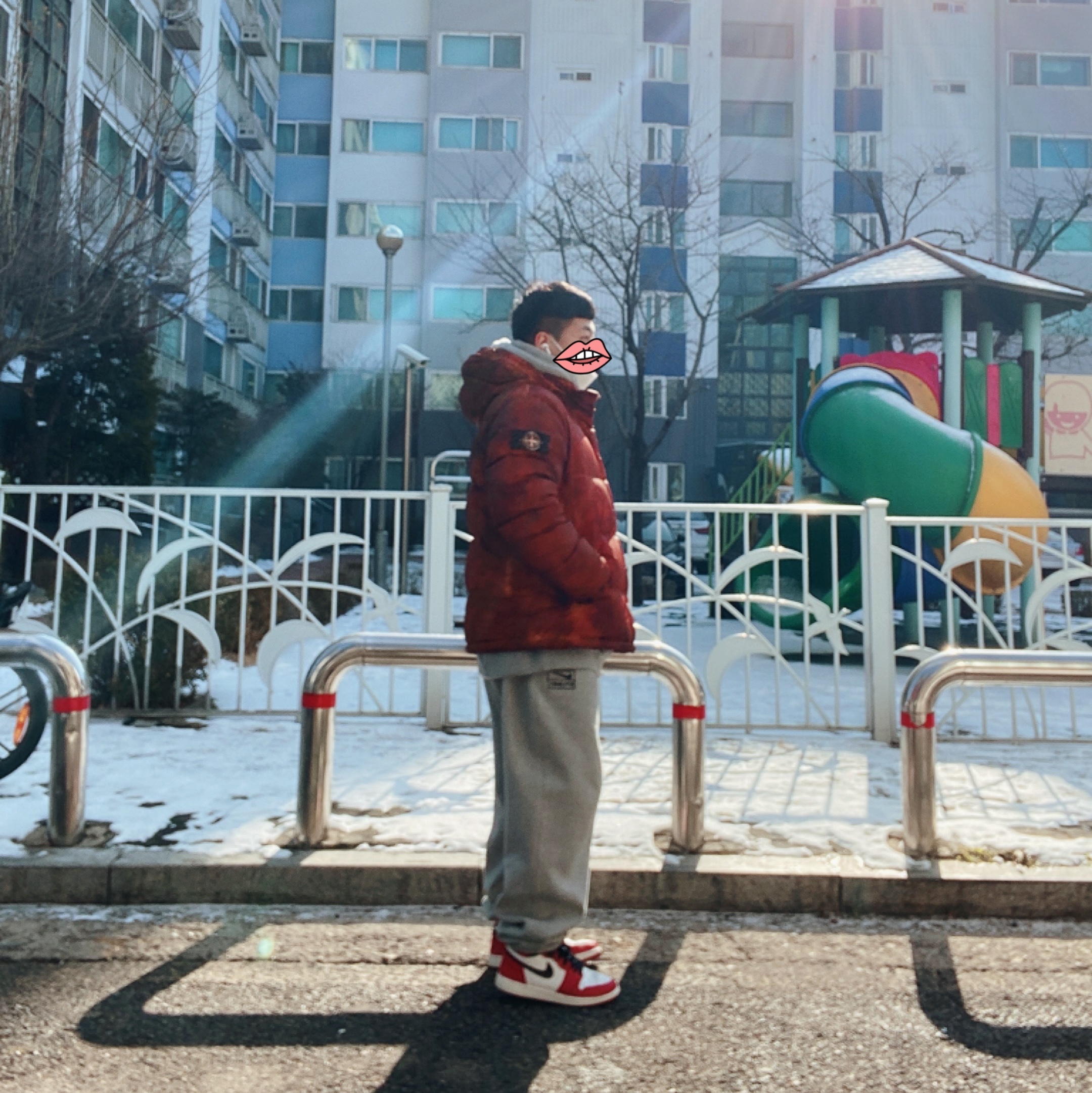 Jordan 1 Retro High OG Chicago 2015, Supreme x Stone Island Painted Camo Crinkle Down Jacket Coral - 20FW 착용 스타일
