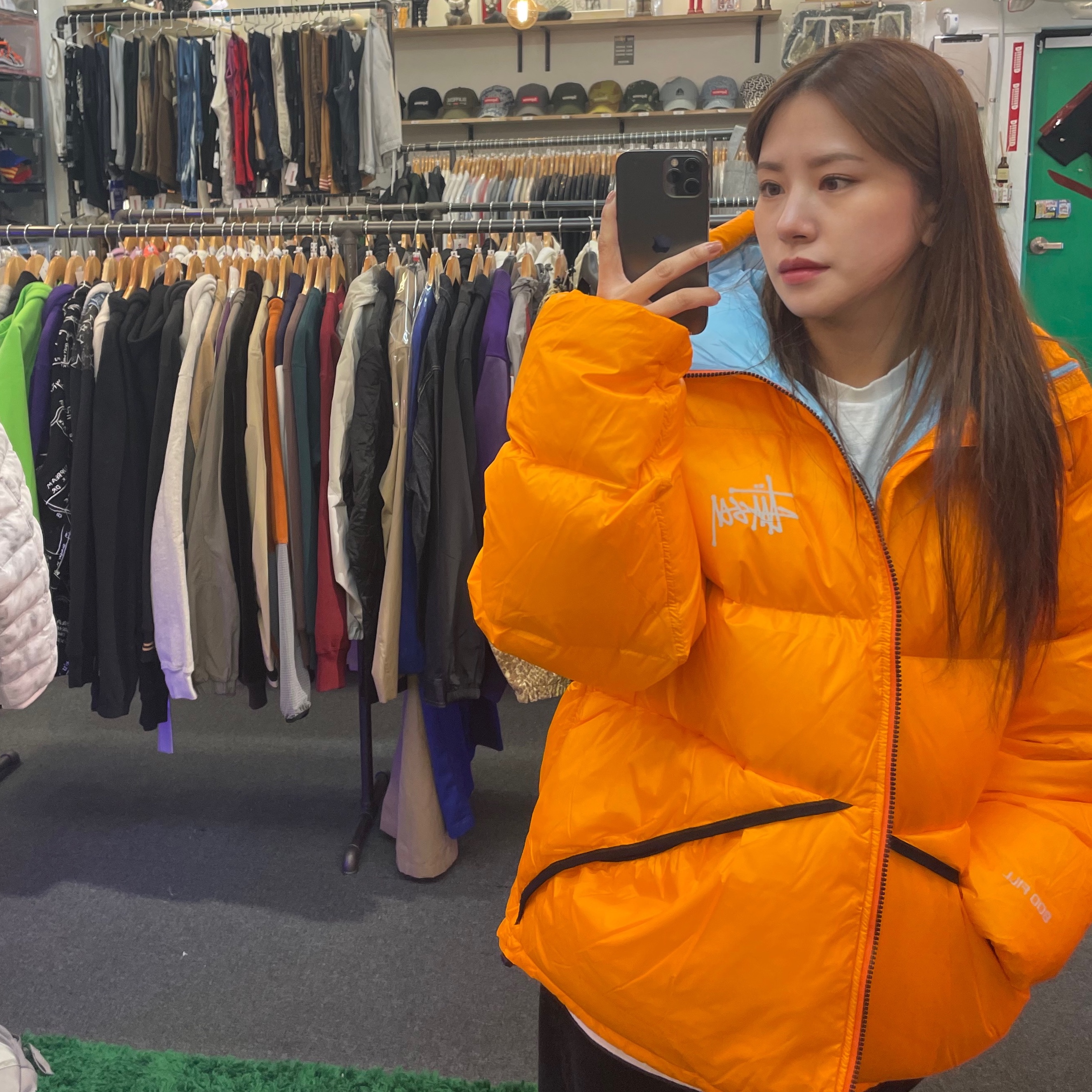 Stussy Micro Ripstop Down Parka Orange 착용 스타일