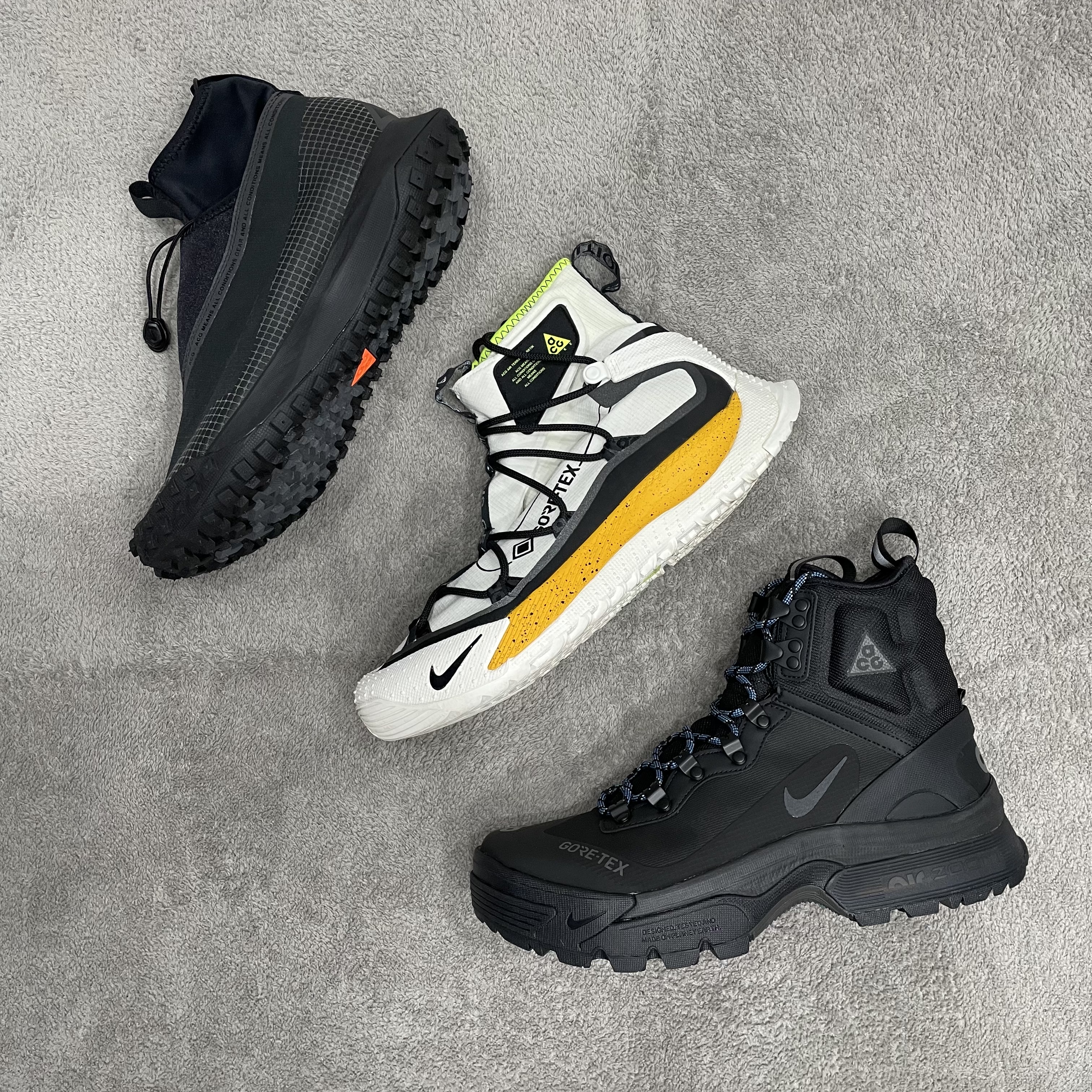 Nike ACG Air Zoom Gaiadome Gore-Tex Black, Nike ACG Mountain Fly Gore-Tex Black and Dark Grey 착용 스타일