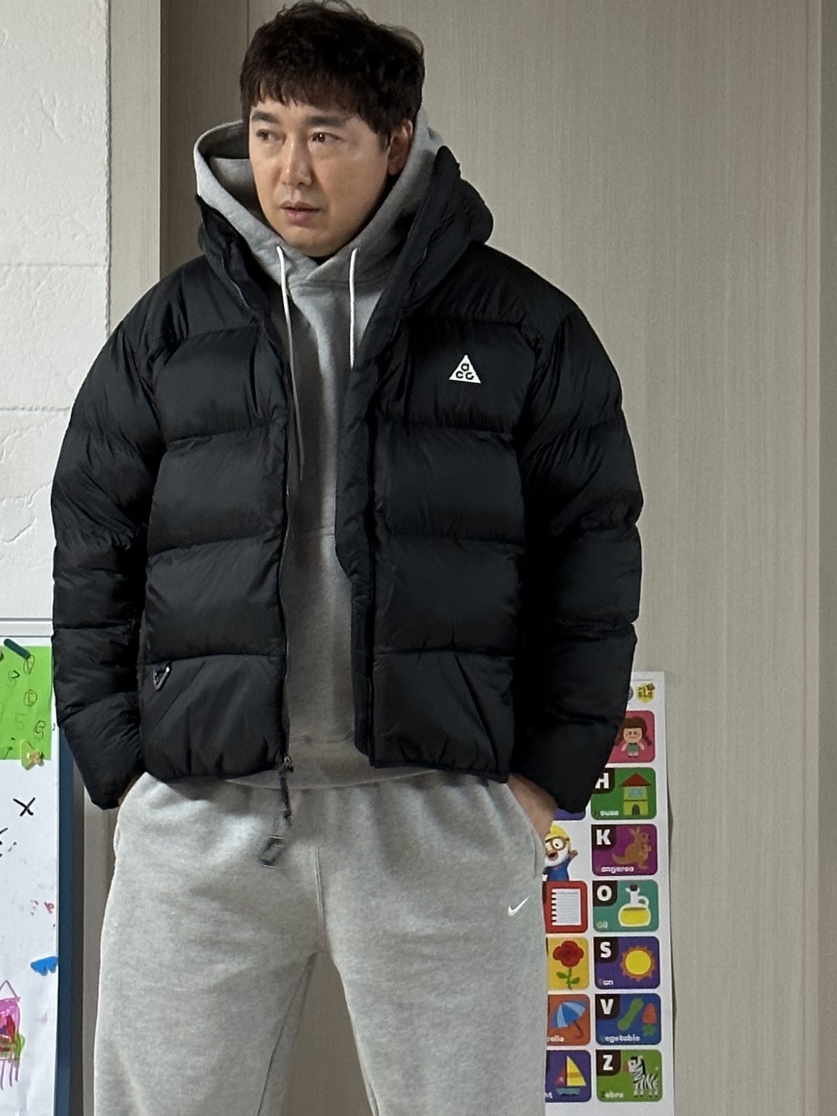 Nike ACG Therma-Fit ADV Lunar Lake Puffer Jacket Black - Asia, Nike NRG Solo Swoosh Fleece Pants Dark Grey Heather - Asia 착용 스타일 - 1