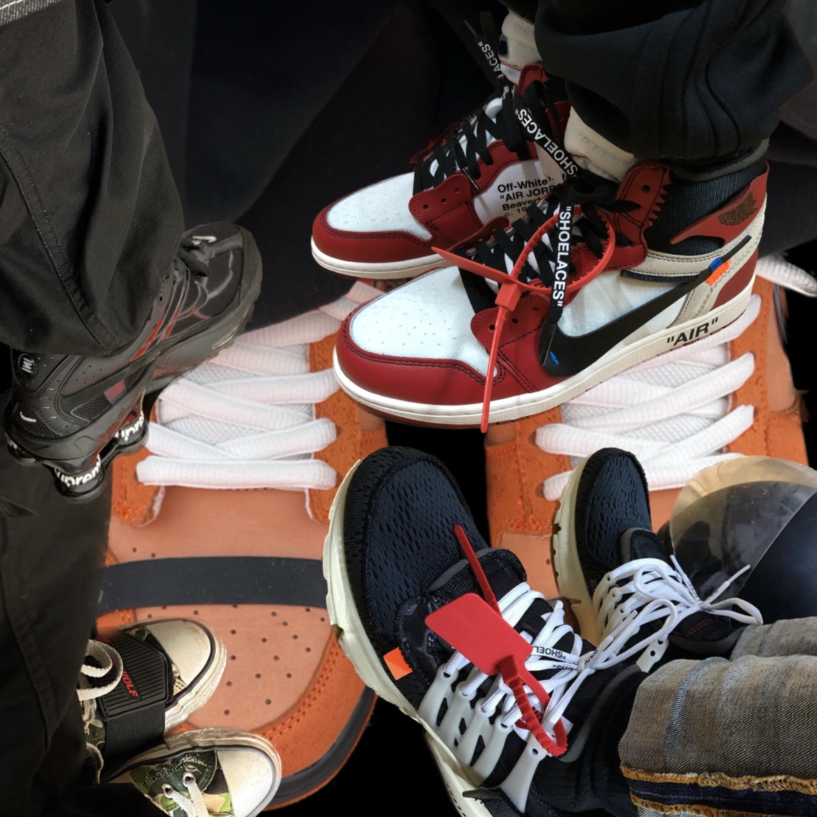 Jordan 1 x Off-White Retro High Chicago The Ten, Nike x Supreme Shox Ride 2 SP Black 착용 스타일