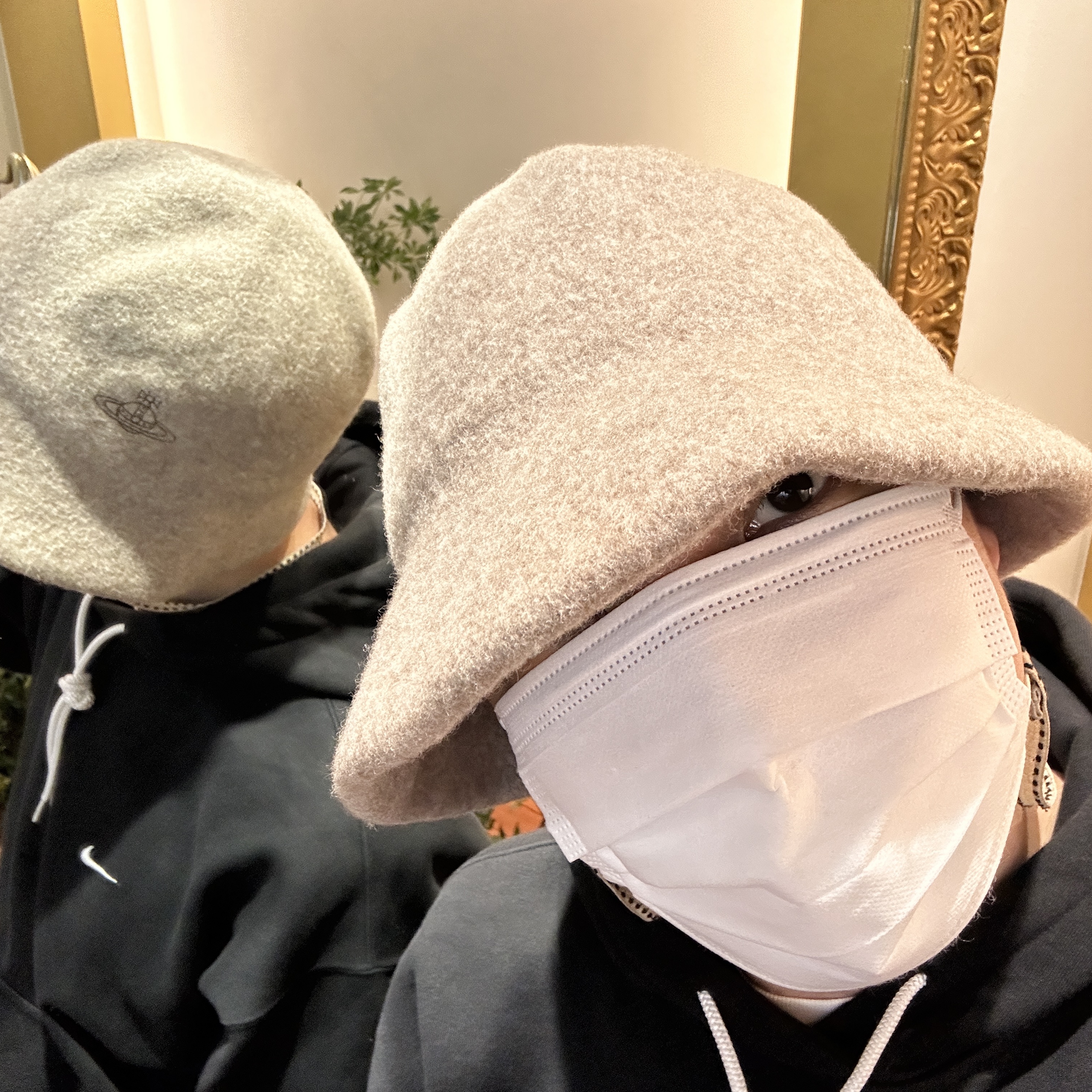 (W) Vivienne Westwood Line Orb Embroidery Basque Crochet Bucket Hat Mocha Brown, Nike NRG Solo Swoosh Fleece Hoodie Black White - Asia 착용 스타일 - 2